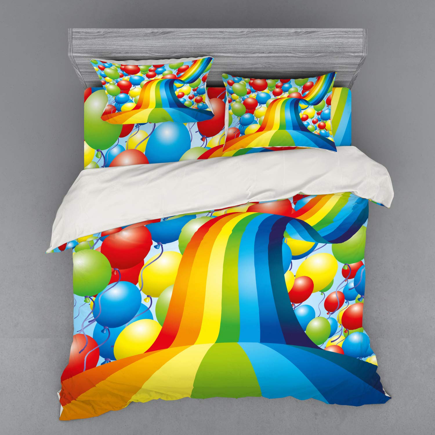Ambesonne Vibrant Balloons & Rainbow Ribbons 4-Piece King Size Duvet Cover Set with Shams & Fitted Sheet - Perfect for Birthday Celebrations, Special Events & Colorful Bedroom Decor