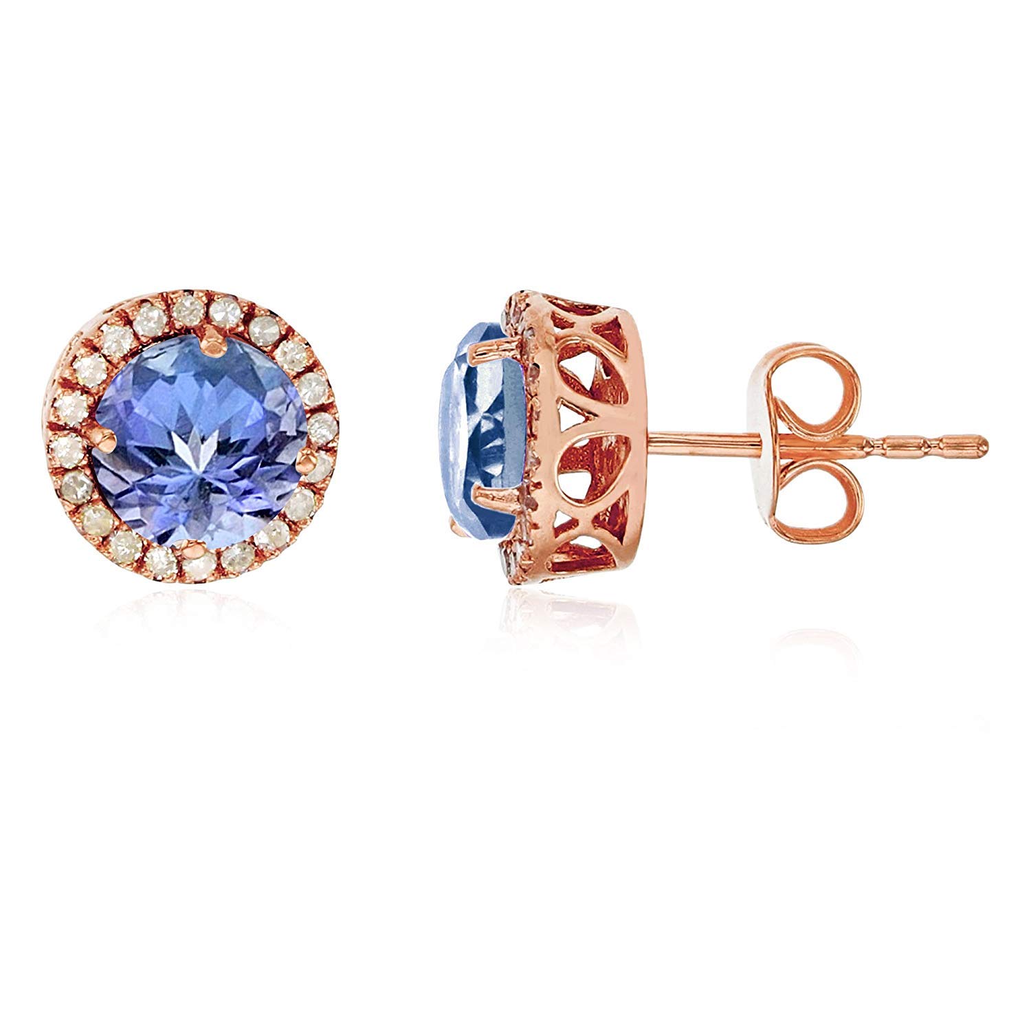 14K Yellow, White & Rose Gold 6mm Round Gemstone Stud Earrings with 0.2 CTTW Diamond Halo - Perfect for Weddings, Anniversaries & Special Occasions