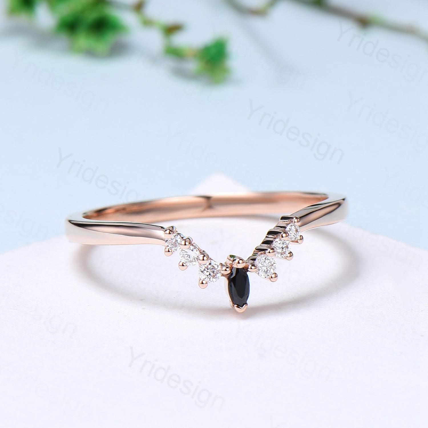 14K Rose Gold Curved Wedding Band for Women - Lab Grown Diamond & Black Spinel Art Deco Stacking Ring - Custom Matching Anniversary Jewelry Gift for Brides, Wives, and Couples - Perfect for Weddings, Engagements, and Special Occasions