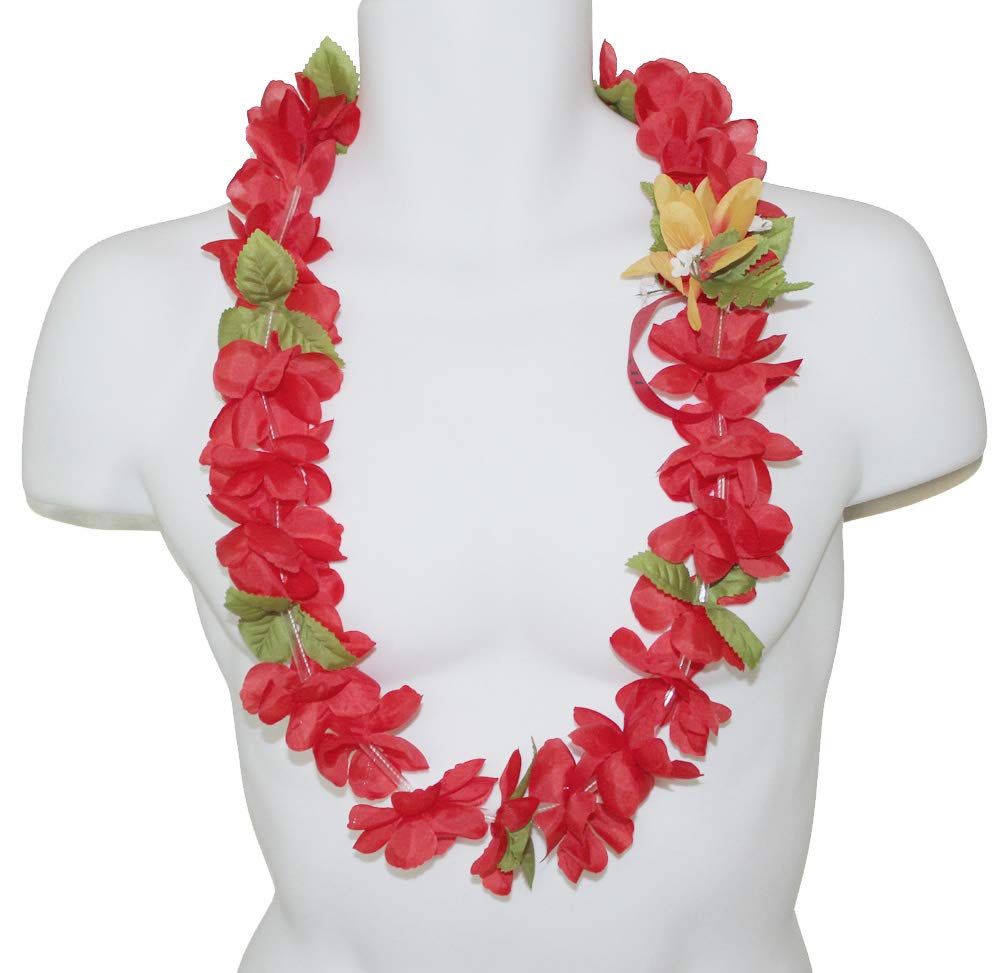 Vibrant Red Hawaiian Artificial Flower Lei - Tropical Floral Necklace for Luau Party, Wedding, Graduation & Hawaiian Themed Events