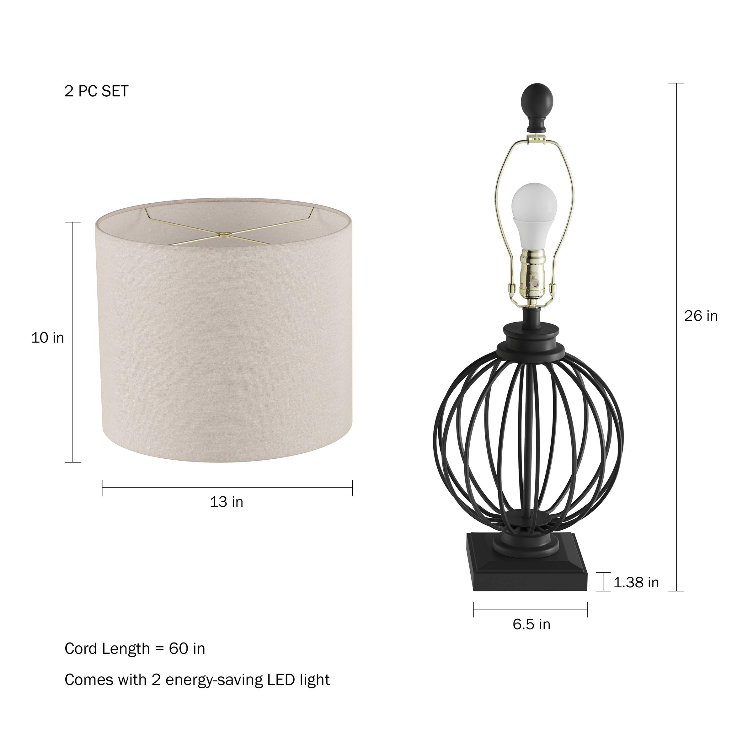 Modern Wrought Iron Table Lamps Set of 2 - Rustic Farmhouse Cage Design with LED Bulbs - Black Open Cage Lighting for Living Room, Bedroom, Office or Dining Room - Perfect for Cozy Reading Nook & Nightstand Decor by Lavish Home