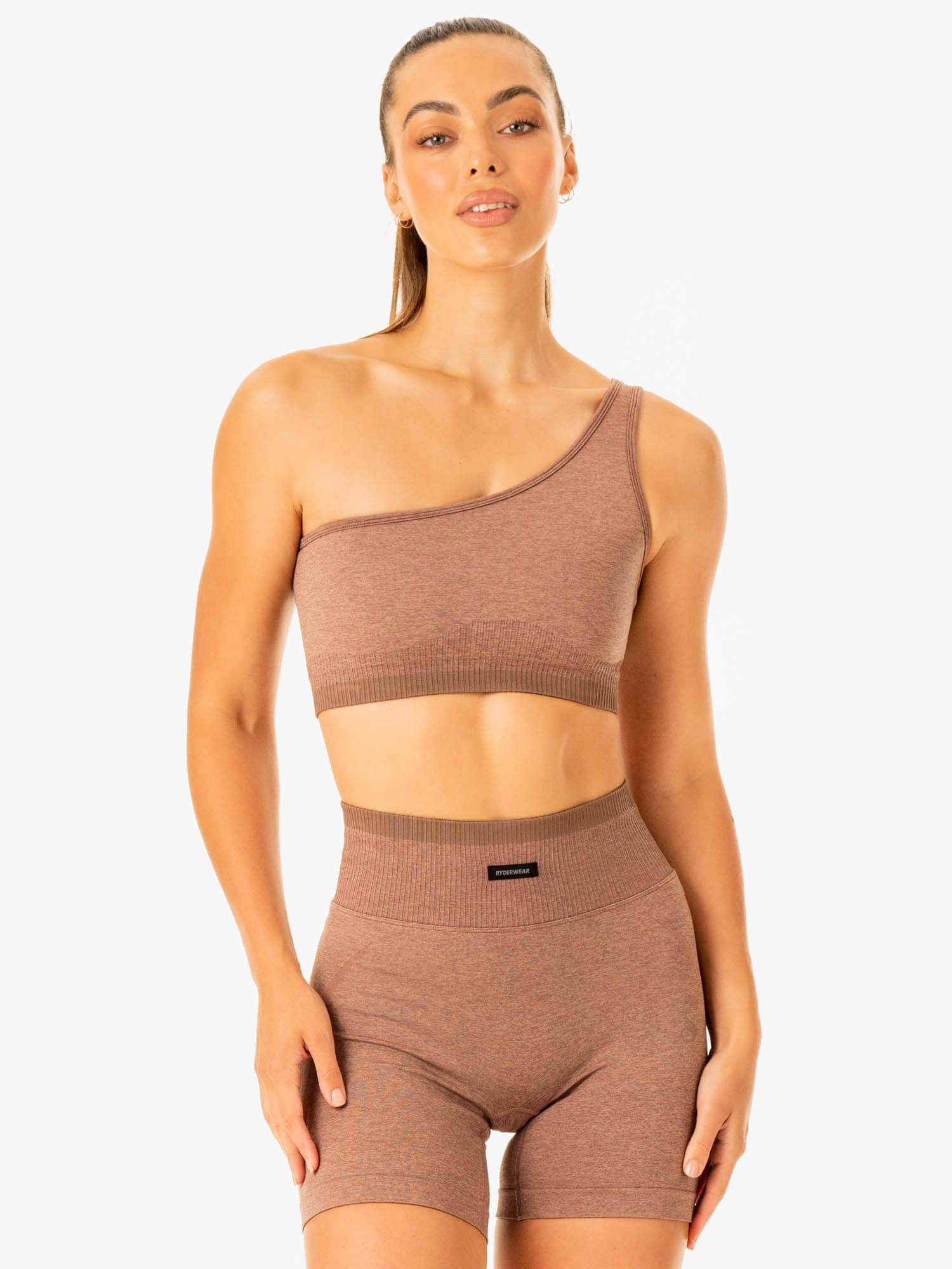 Excel Seamless One Shoulder Sports Bra for Women - Mocha Marl - High Support Workout Top for Yoga, Running & Gym