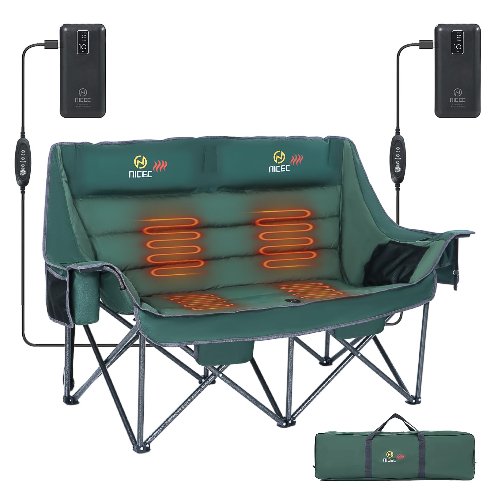 Premium Heated Camping Chair for Adults - Oversized Double Loveseat with Adjustable Heating & Extra Padding - Includes Insulated Cooler Bag - Perfect for Outdoor Camping, Backyard Relaxation & Winter Sports Events