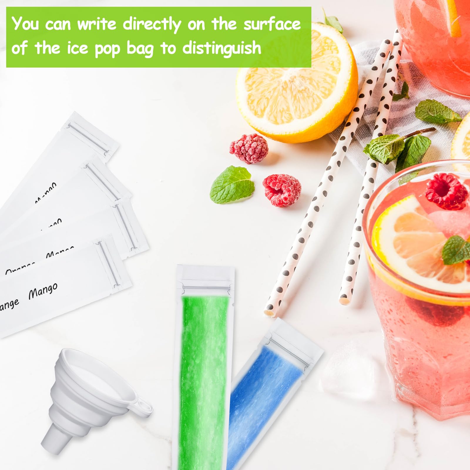 450-Piece Disposable Ice Mold Bags for Homemade Popsicles - Includes 3 Funnels for Easy Filling - Perfect for Freezing Healthy Snacks, Juices & Smoothies (11