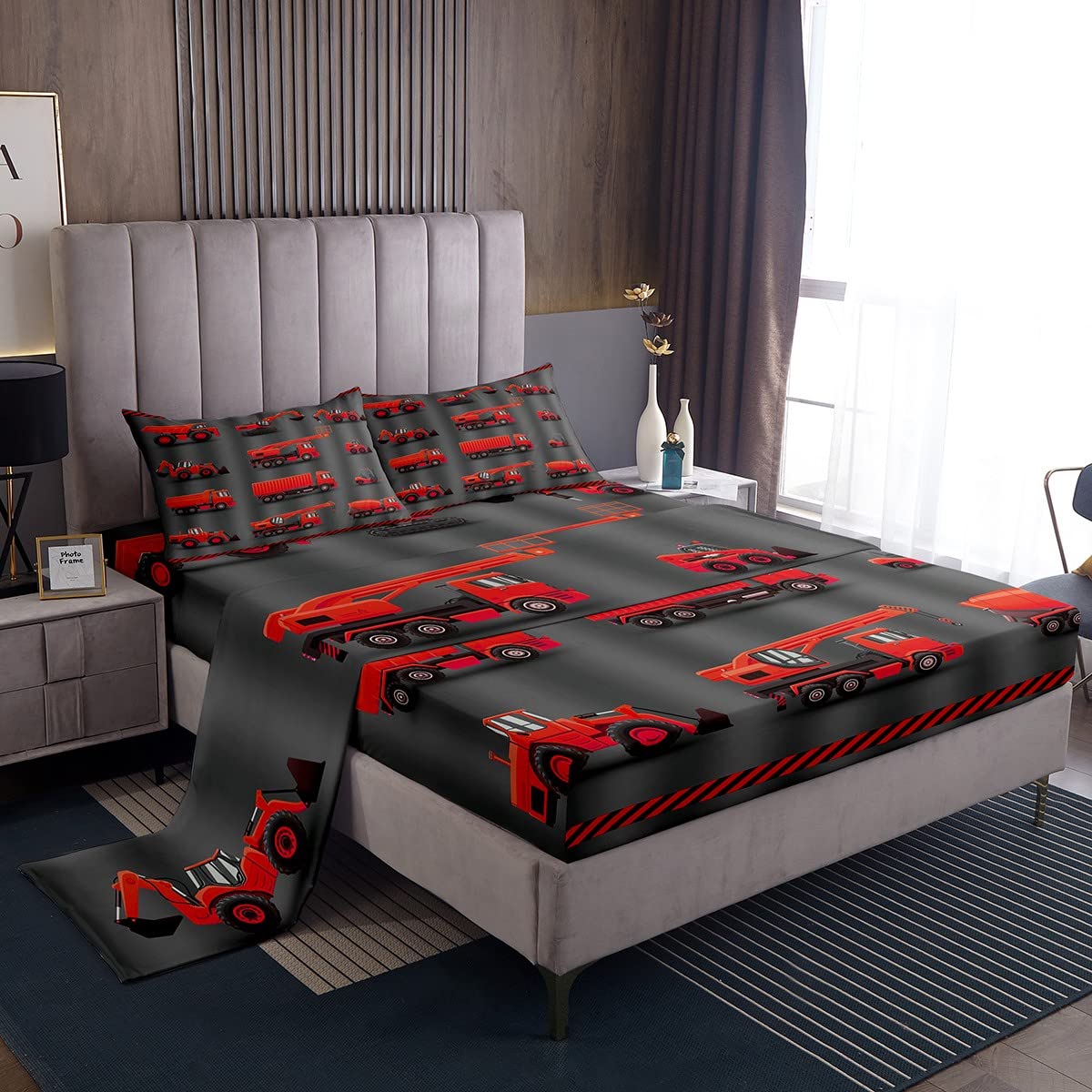 Feelyou Cartoon Excavator Bed Sheet Set - Red, Grey & Black Construction Themed Twin Size (1 Flat Sheet + 1 Pillowcase) | Fun Kids Bedding for Boys, Perfect for Construction-Themed Rooms & Playful Bedtime Adventures