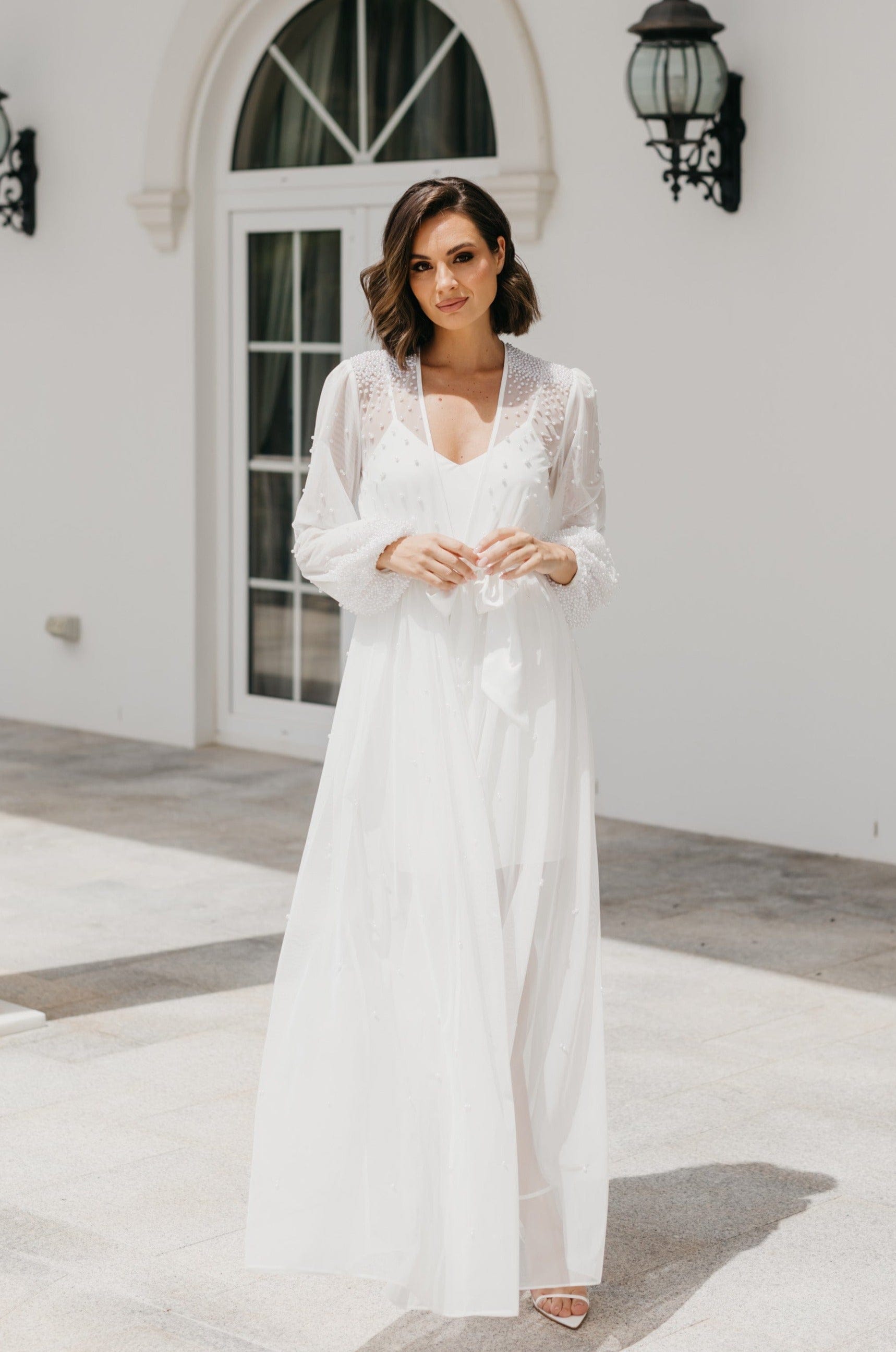 Millie Hand-Beaded Pearl Mesh Maxi Dress with Slip - Elegant Evening Gown for Weddings, Parties & Special Occasions