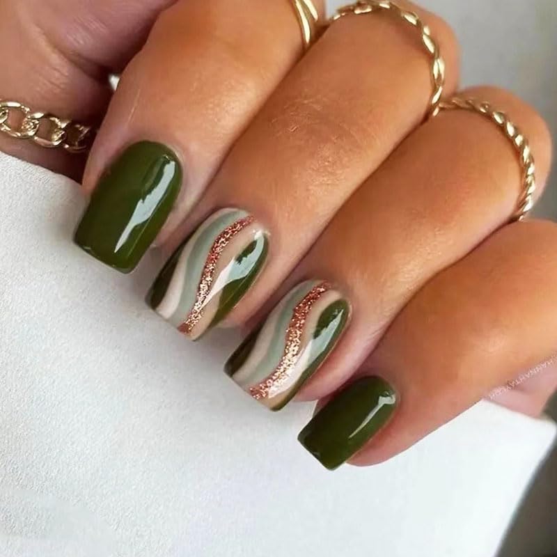 Fashion Gold Wave Design Short Medium Square Press on Nails - 24Pcs Acrylic Full Cover Fake Nails for Women & Girls - Perfect for Daily Wear, Wedding, Parties & Special Occasions