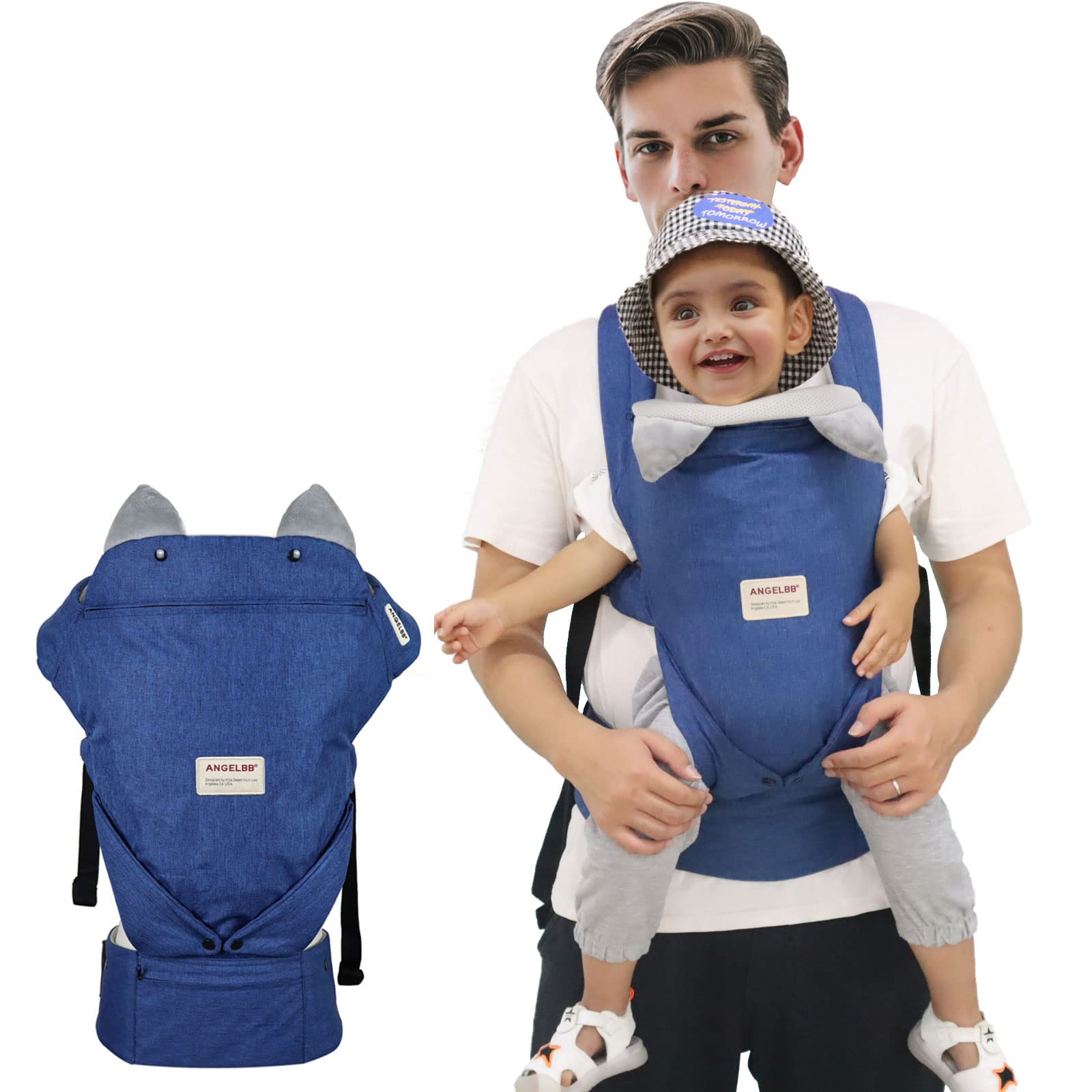 **ANGELBB 4-in-1 Adjustable Baby Carrier with Hip Seat – Ergonomic & Portable Infant Carrier for Newborn to Toddler (0-36 Months) – Multi-Position, Soft & Breathable – Perfect for Travel, Hiking & Daily Use (Blue, Newborn Gift)**