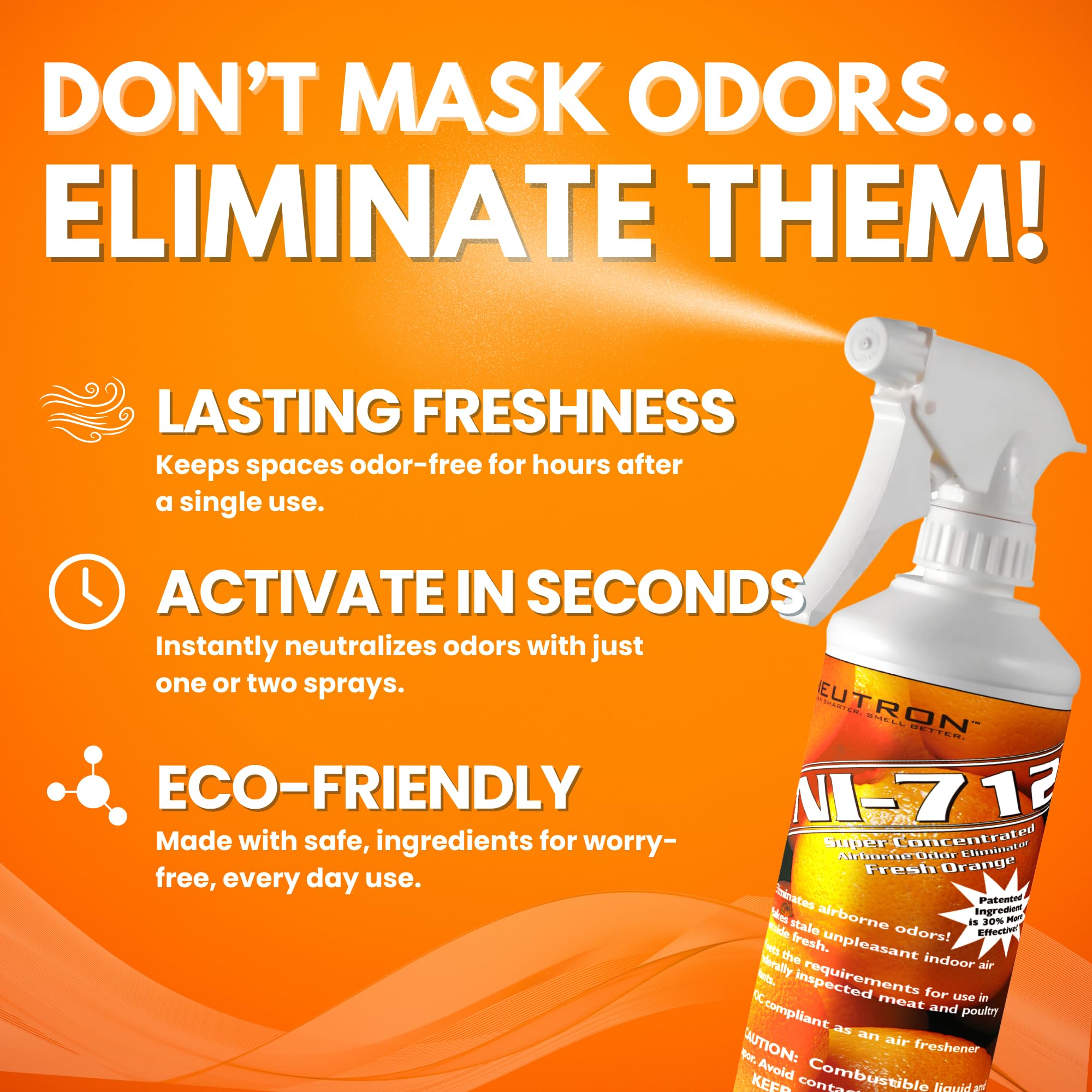 Neutron Industries NI-712 Fresh Orange Odor Eliminator Spray - 4 Pack (16 oz Each) | Powerful Long-Lasting Odor Neutralizer & Air Freshener for Home, Car, Pet Areas, Gym & Office | Eliminates Cooking, Smoke & Pet Odors Instantly