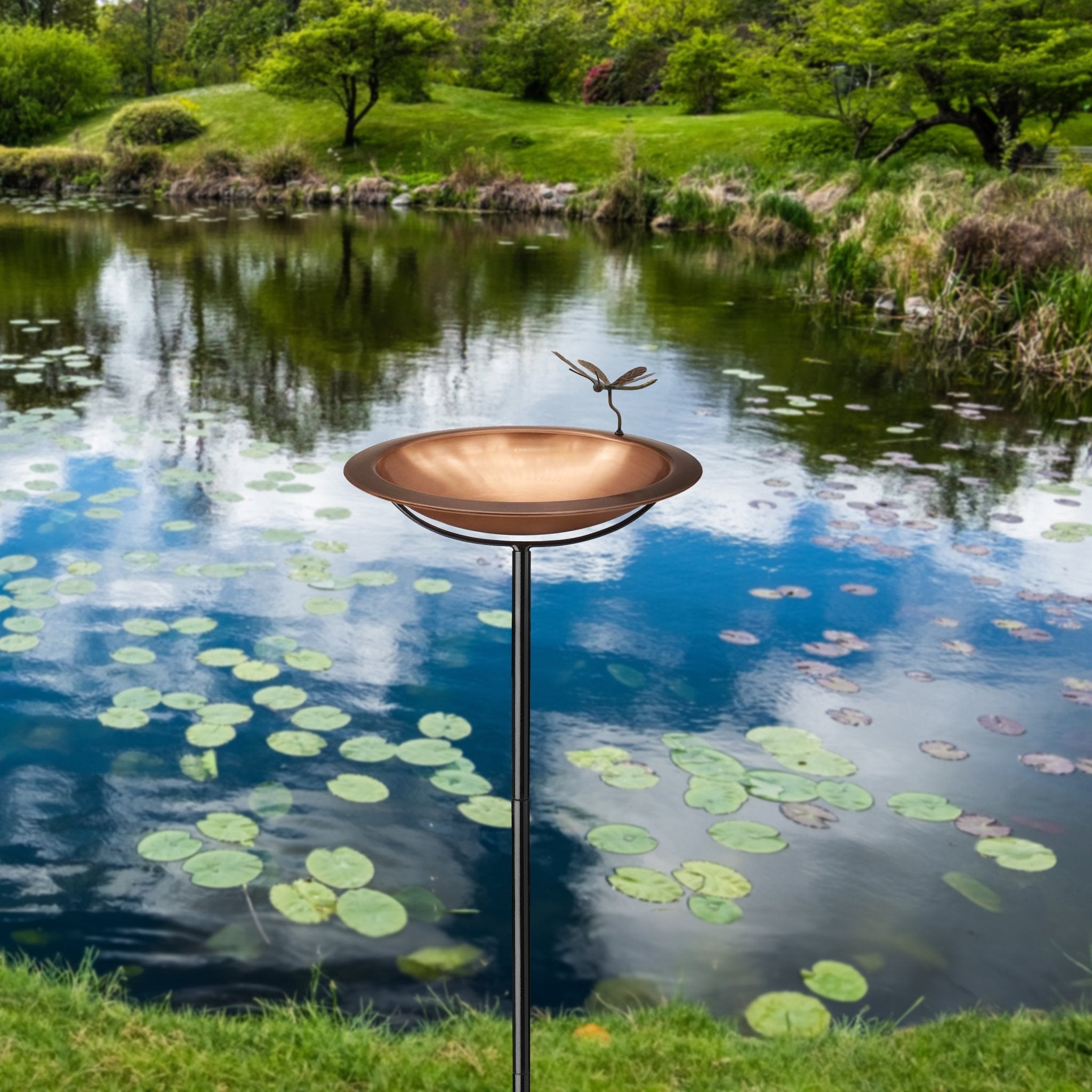 Antique Copper Bird Bath with Patina Dragonfly - Outdoor Garden Decor for Birds and Butterflies - Perfect for Backyard, Patio, and Garden Decorations