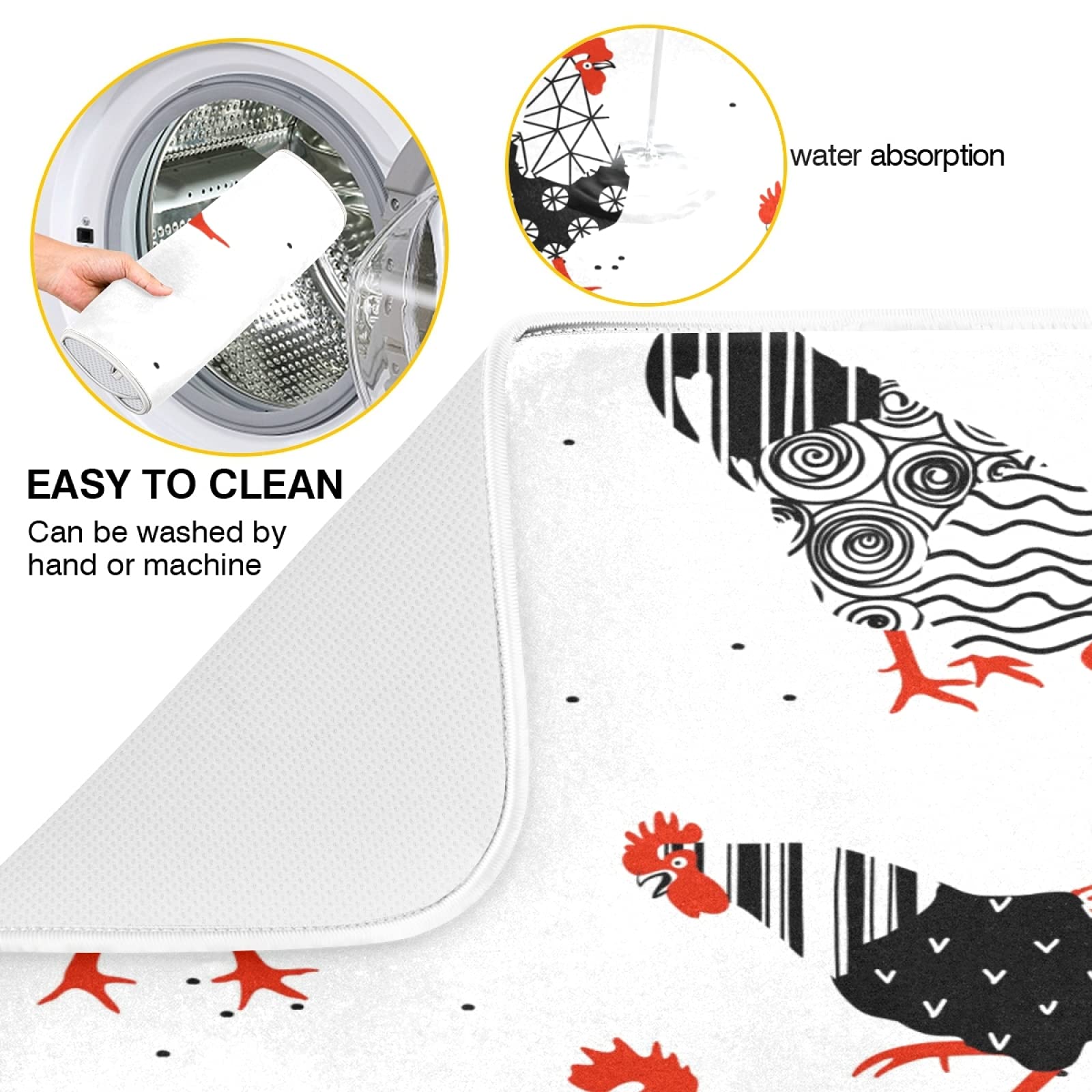 Rooster Plaid Dish Drying Mat 18x24 Inch - Absorbent Microfiber Kitchen Counter Protector for Home Decor