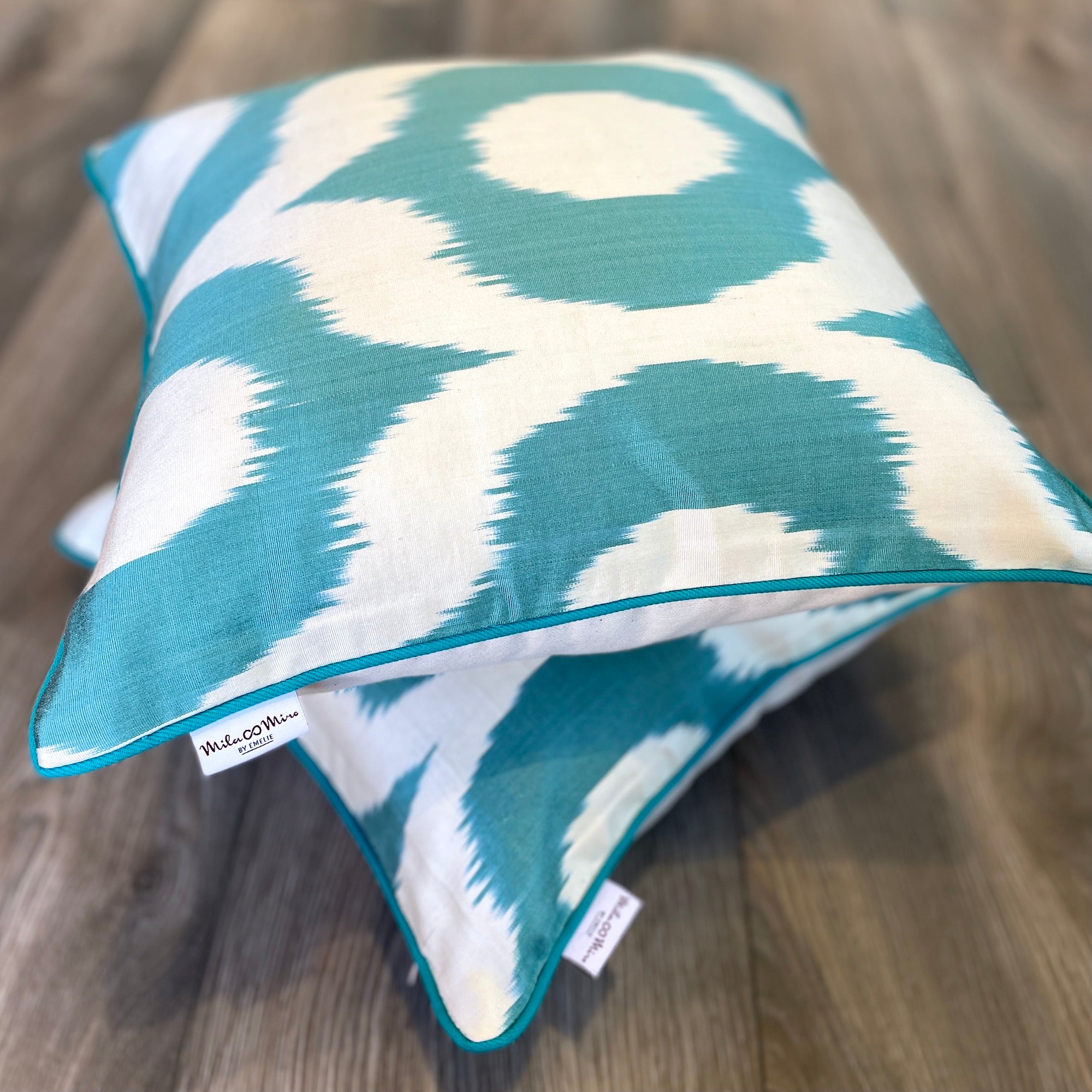 Luxury Silk Ikat Cushion Cover - Turquoise Ogee Pattern | Elegant Home Decor Throw Pillow for Sofa, Bed & Living Room