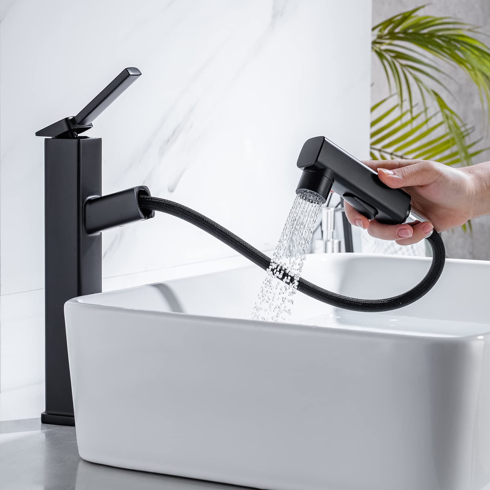 HANLIAN Single Handle Pull-Out Bathroom Vessel Sink Faucet with Rotating Spout - Modern Single Hole Tall Bathroom Faucet with Pull Down Sprayer - One Hole High Bathroom Sink Faucet in Black - 3 Spray Modes - Perfect for Modern Vanities, Powder Rooms & Guest Bathrooms
