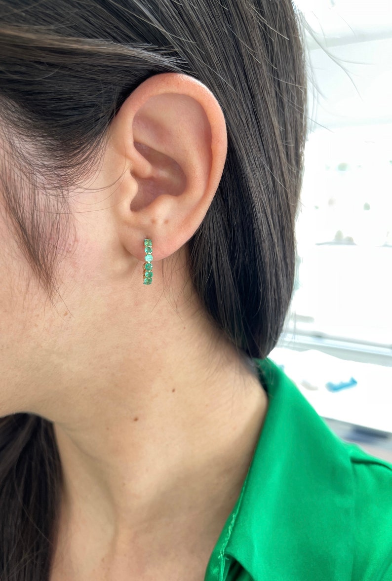 1.50tcw 14K Gold Medium Green Round Cut Emerald Prong Set Half Hoop Huggie Earrings for Women - Elegant Everyday Jewelry Gift for Her, Perfect for Parties, Weddings & Special Occasions