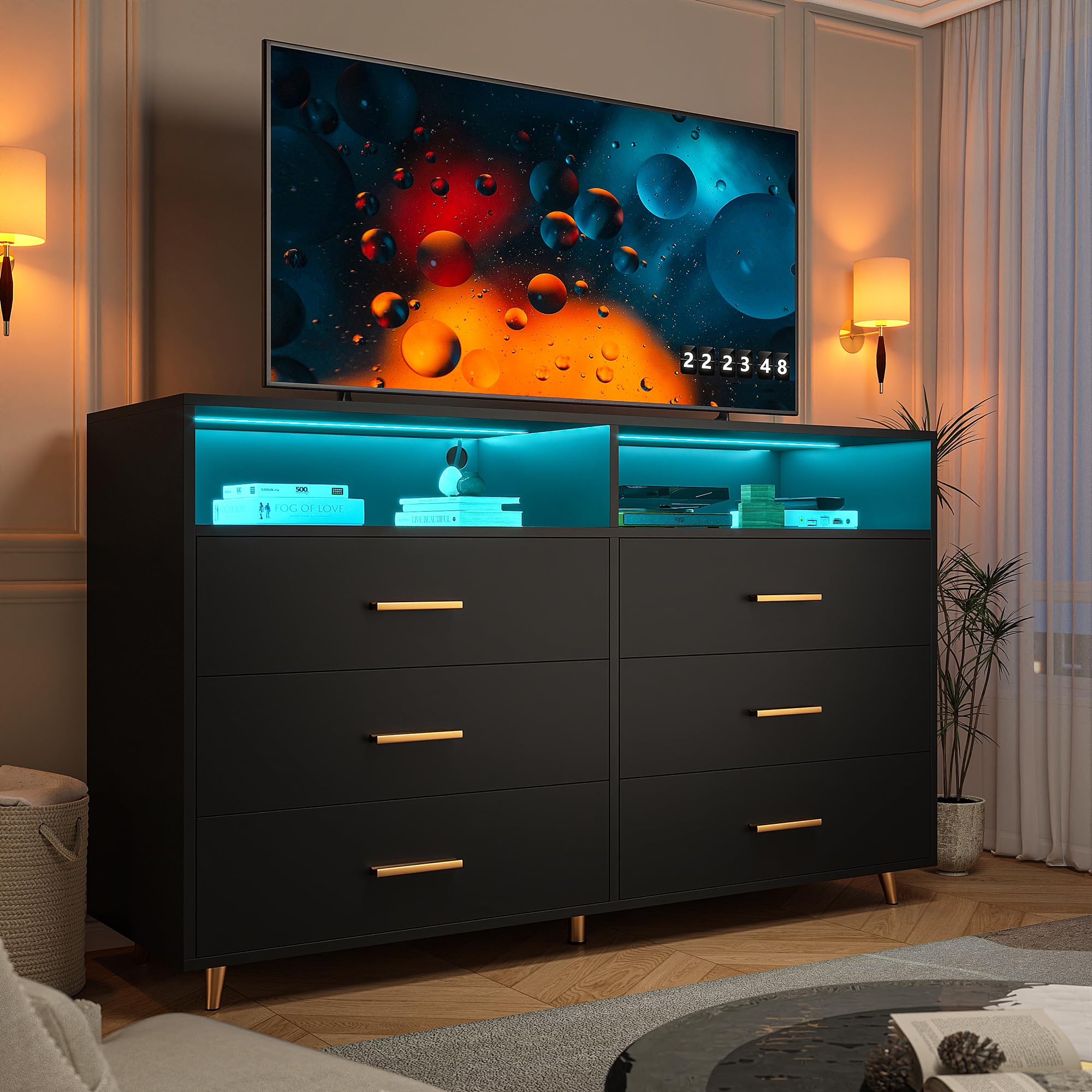 LED Wood Dresser for Bedroom - Wide Drawers, Metal Handles - Perfect for Clothes Storage & Entryway