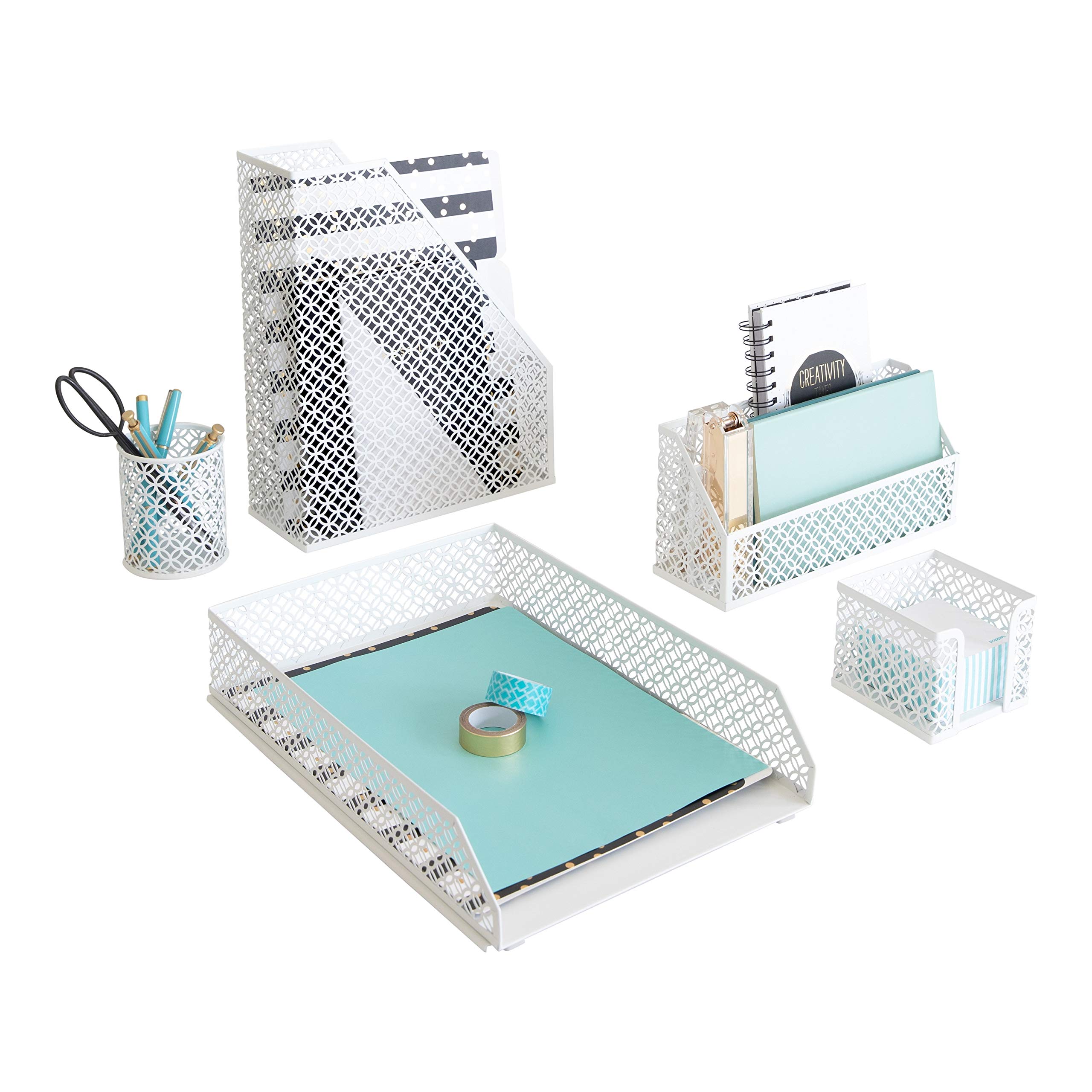 BLU MONACO White Desk Organizer Set - 6-Piece Office Desk Accessories for Mail, Sticky Notes, Pens, Magazines & Documents | Perfect for Home Office, Study Desk & Workspace Organization
