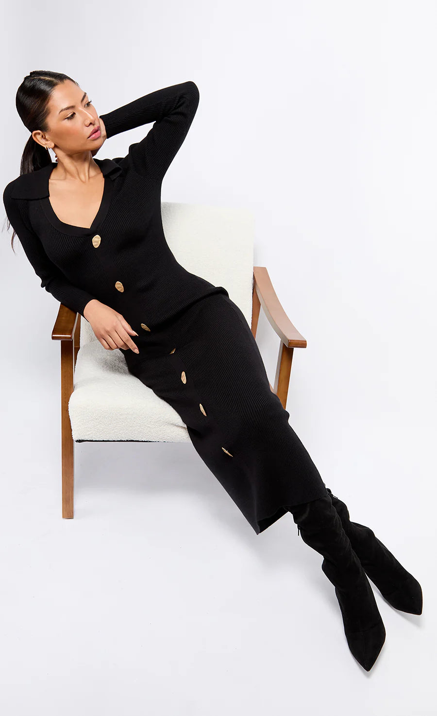 Layla Knit Midaxi Dress for Women - Elegant Black Stretch Midi Dress for Casual Wear, Office, and Evening Outfits