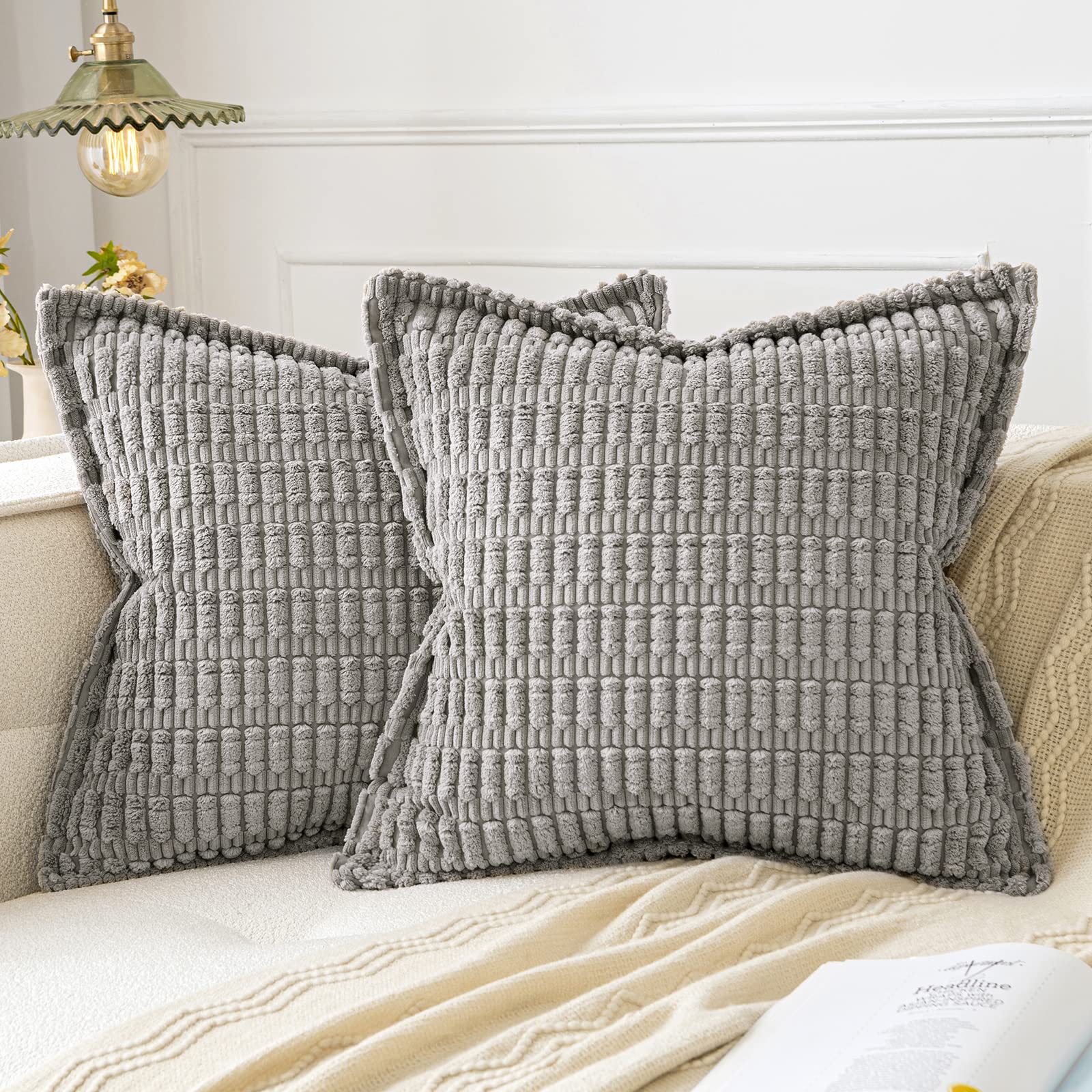 MIULEE Light Grey Corduroy Decorative Throw Pillow Covers (18x18 Inch) - Pack of 2 Soft Striped Pillowcases with Broad Edge - Modern Boho Home Decor for Couch, Sofa & Bed - Perfect for Winter Coziness & Living Room Accents