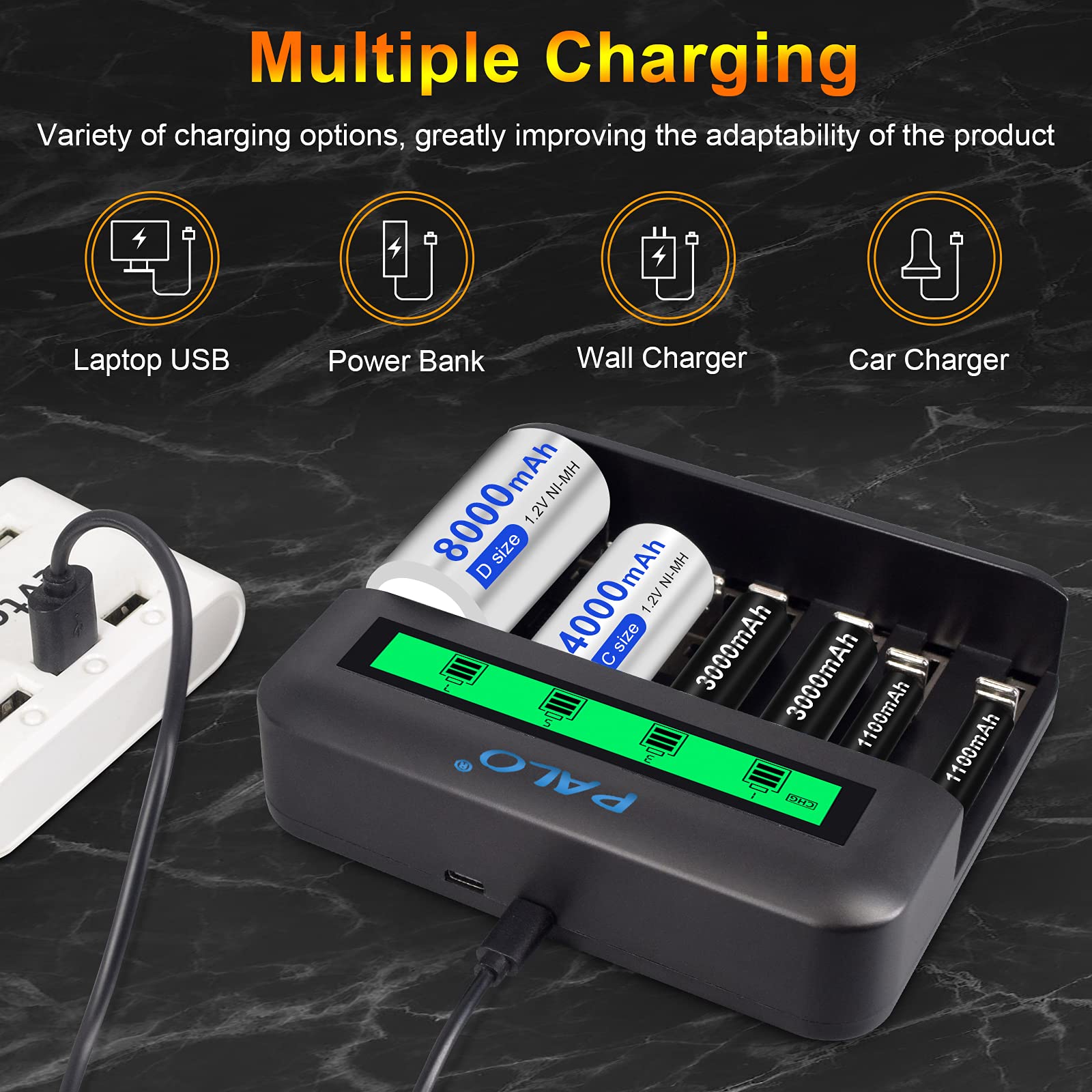 Universal Battery Charger with 4 Pack C Size 4000mAh Rechargeable Batteries - Fast Charging for Toys, Flashlights & Electronics - AA AAA C D Compatible Power Solution