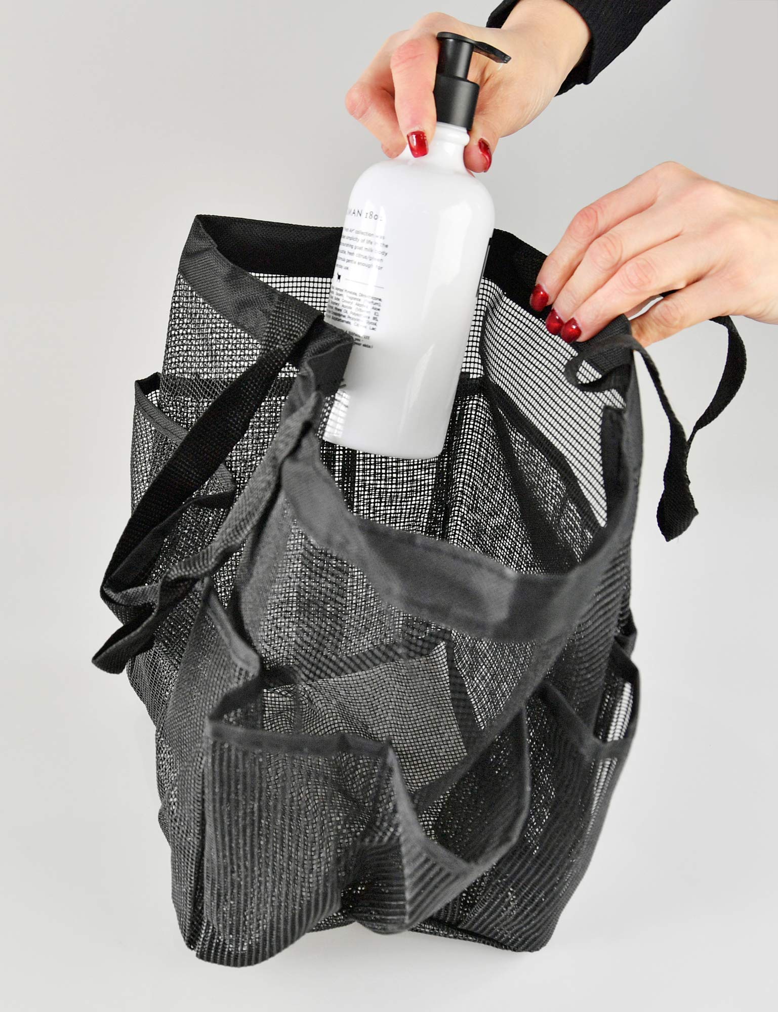 Home-X Mesh Shower Caddy Tote | Portable Bathroom Organizer Bag for Toiletries & Accessories | 14” x 11” Black | Perfect for Travel, Camping & Dorm Showers