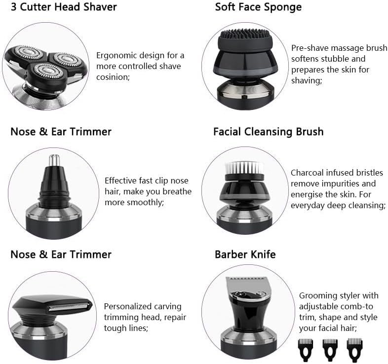 6-in-1 Rechargeable Electric Razor for Men - Wet/Dry Beard Trimmer, Nose Hair & Bald Head Shaver - Men's Grooming Kit for Travel, Home & Professional Use