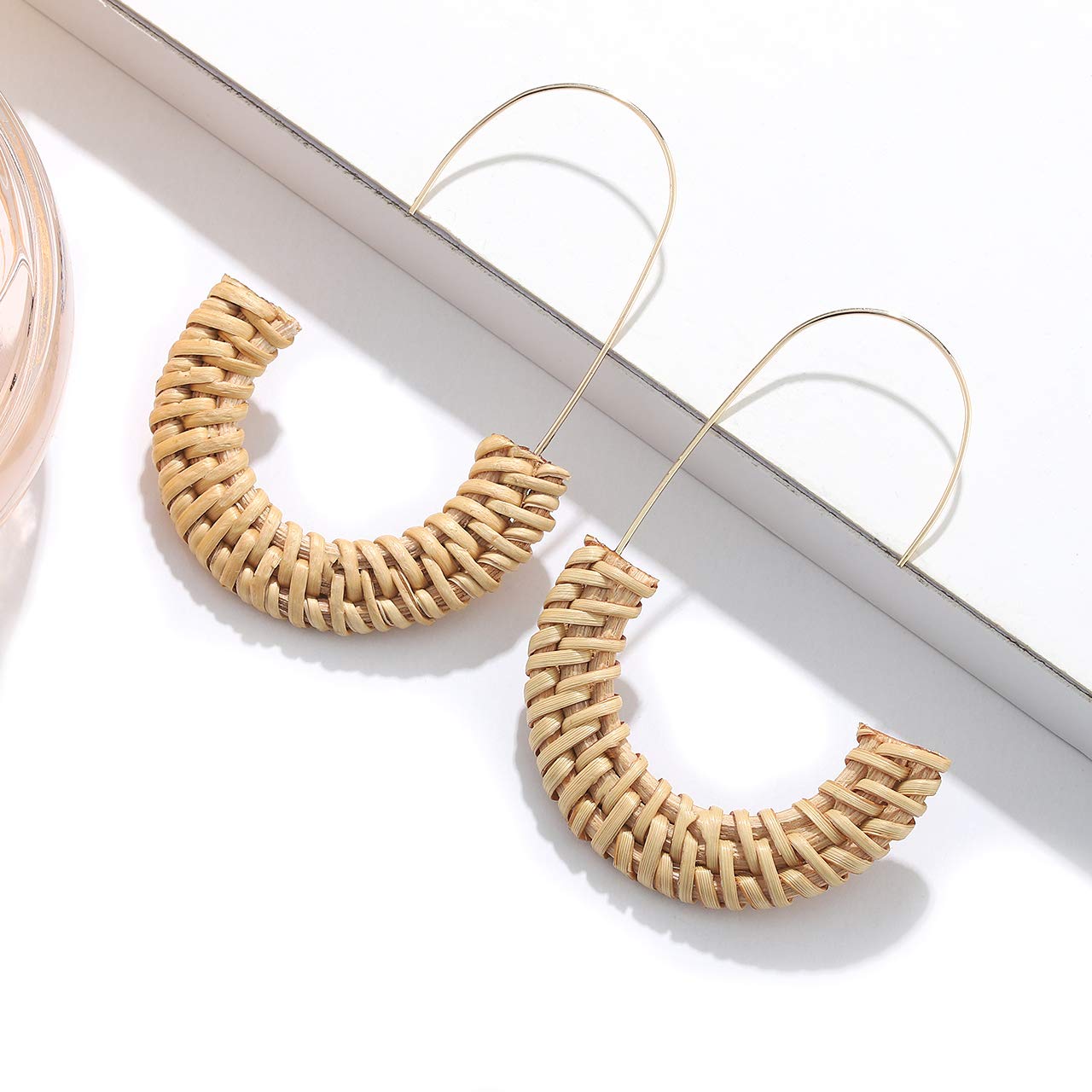 Handmade Rattan Hoop Earrings for Women - Lightweight Straw Wicker Braid Drop Dangle Earrings - Boho Fashion Jewelry for Summer, Beach, and Casual Wear
