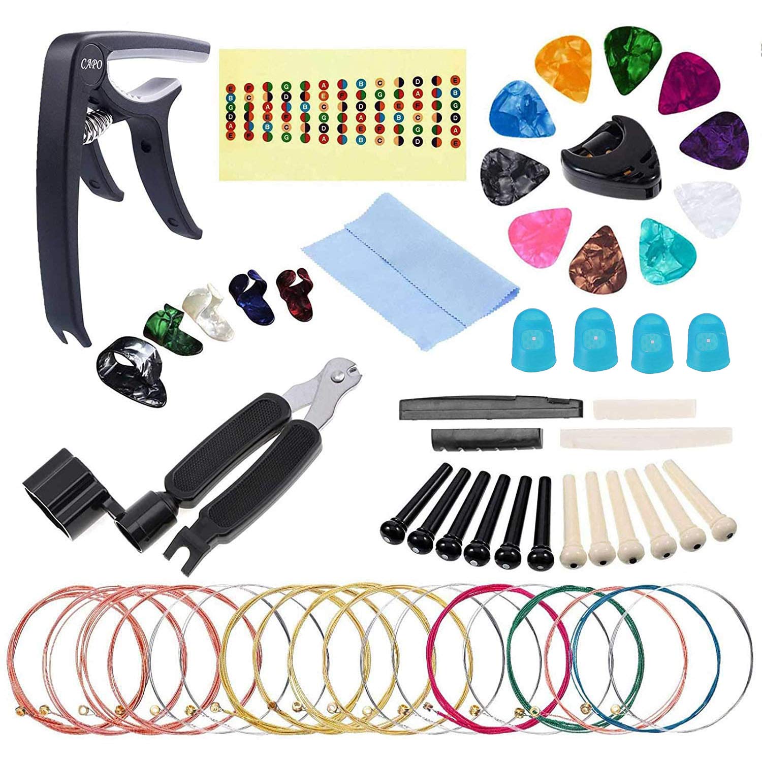 Best Acoustic Guitar Strings Set - 6 String Replacement Kit with Winder, Cutter, Finger Picks & Capo | Music Accessories for Beginners | Perfect for Tuning, Repair & Practice Sessions