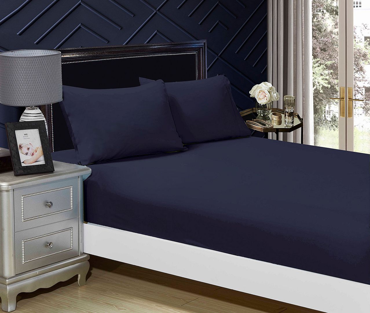 1000TC Ultra Soft Fitted Sheet & 2 Pillowcases Set - Double Size Bed Sheets in Midnight Blue - Luxury Bedding for Hotel Style Comfort at Home