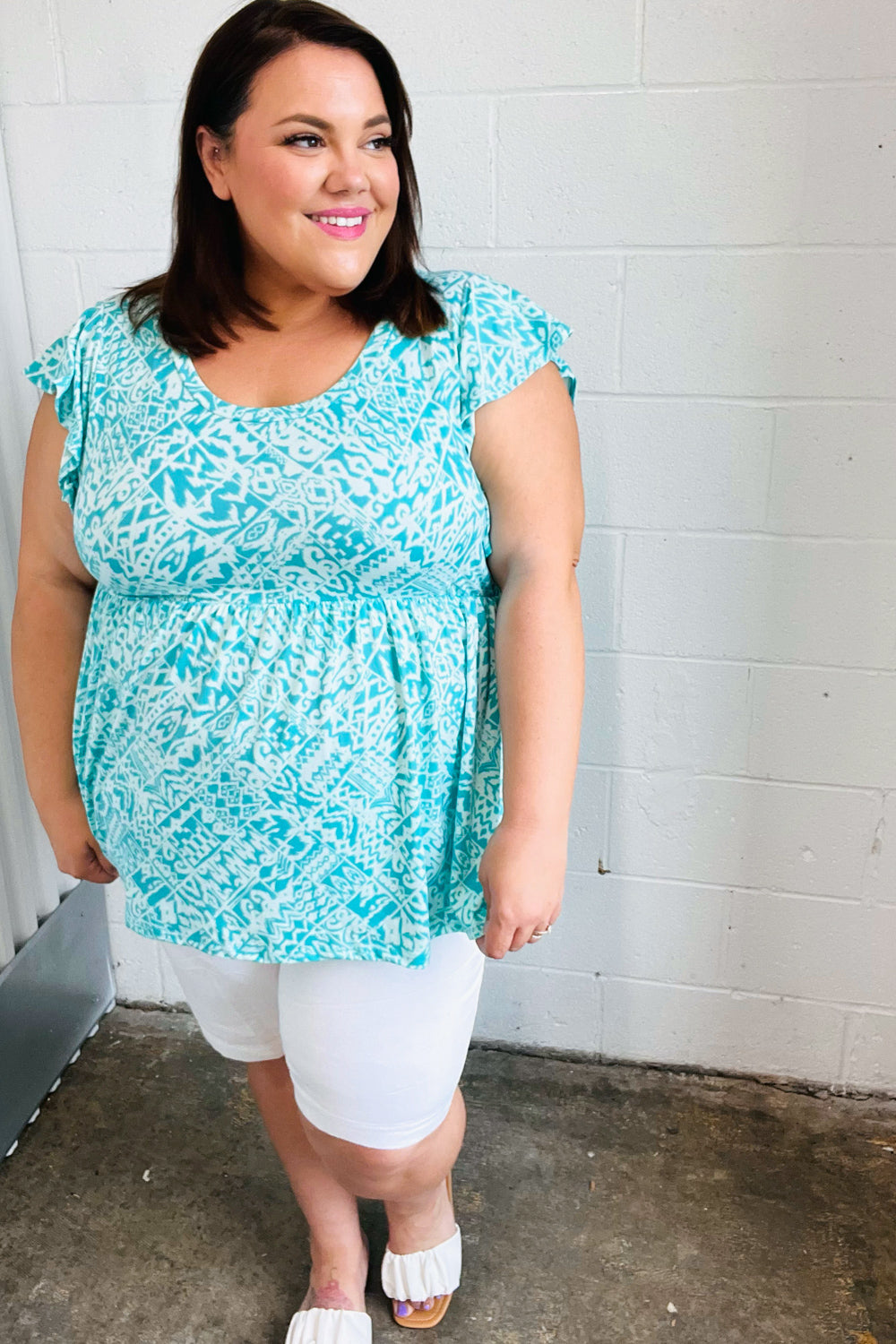Aqua Blue Boho Print Ruffle Short Sleeve Babydoll Top - Flowy Summer Blouse for Beach, Music Festivals & Casual Outings