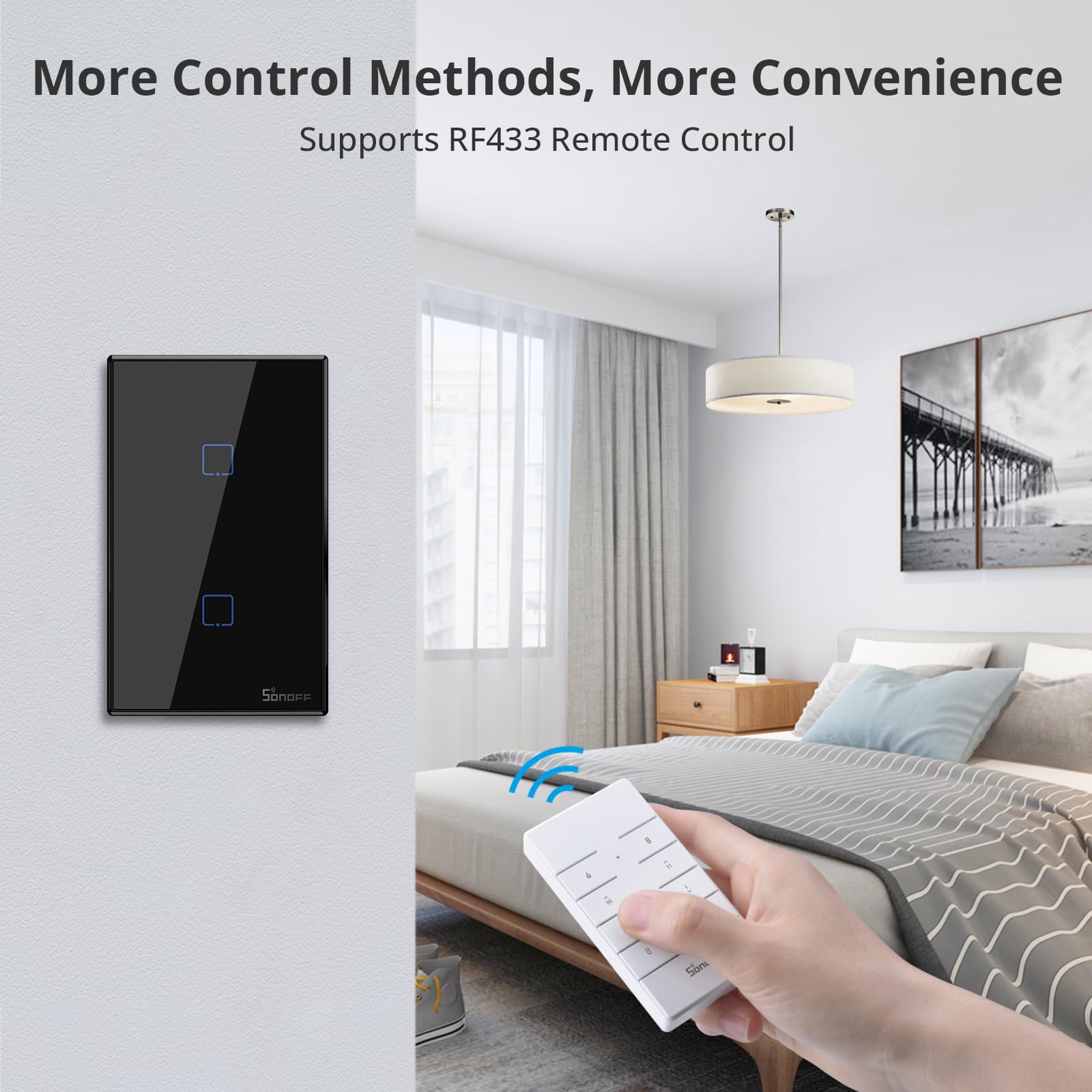 SONOFF Smart Light Switch 2 Gang 1 Way - WiFi Touch Wall Switch (2.4GHz) Compatible with Alexa & Google Home, RF433 Remote Control, Neutral Wire Required, Black (T3 Model) - Perfect for Smart Home Lighting Control in Bedrooms, Living Rooms & Offices