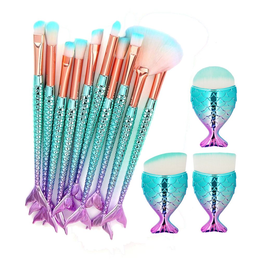LHEI 13-Piece Gradual Blue Makeup Brush Set | 3D Mermaid Cosmetic Brushes for Eyeshadow, Eyeliner & Blush | Perfect for Professional Makeup Artists & Beginners | Ideal for Daily Use, Special Occasions & Travel