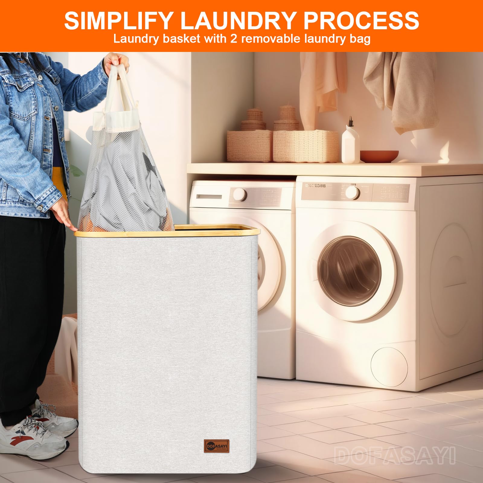 155L Large Laundry Hamper with Lid & Removable Bags - 2 Section Collapsible Laundry Basket with Bamboo Handles, Sturdy Storage Organizer for Clothes, Towels & Linens - Perfect for Bedroom, Bathroom, Dorm & Laundry Room Organization (Beige)