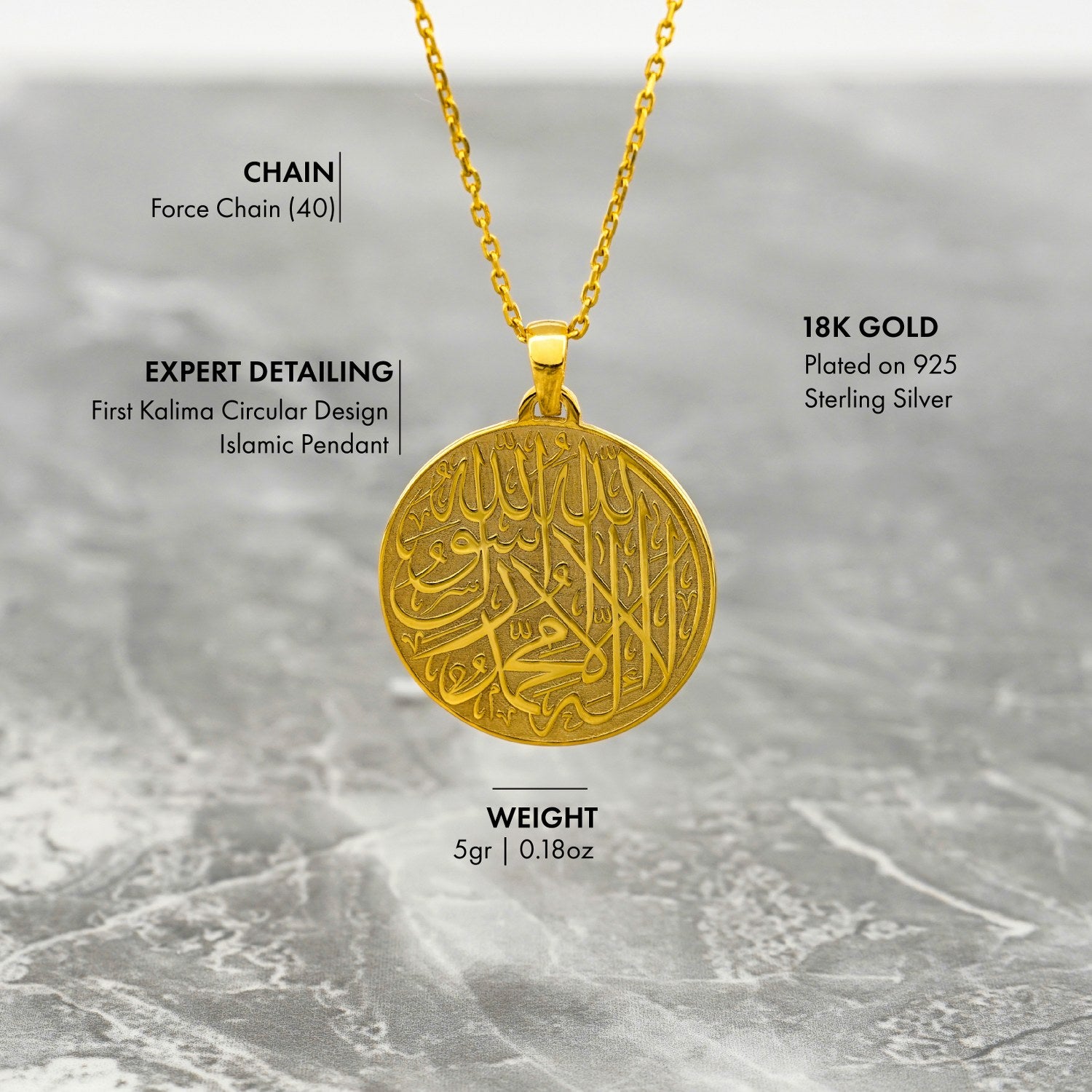 First Kalima Muslim Jewelry - 18K Gold Plated Silver Islamic Pendant Necklace for Women - Perfect for Daily Wear, Special Occasions & Gift Giving