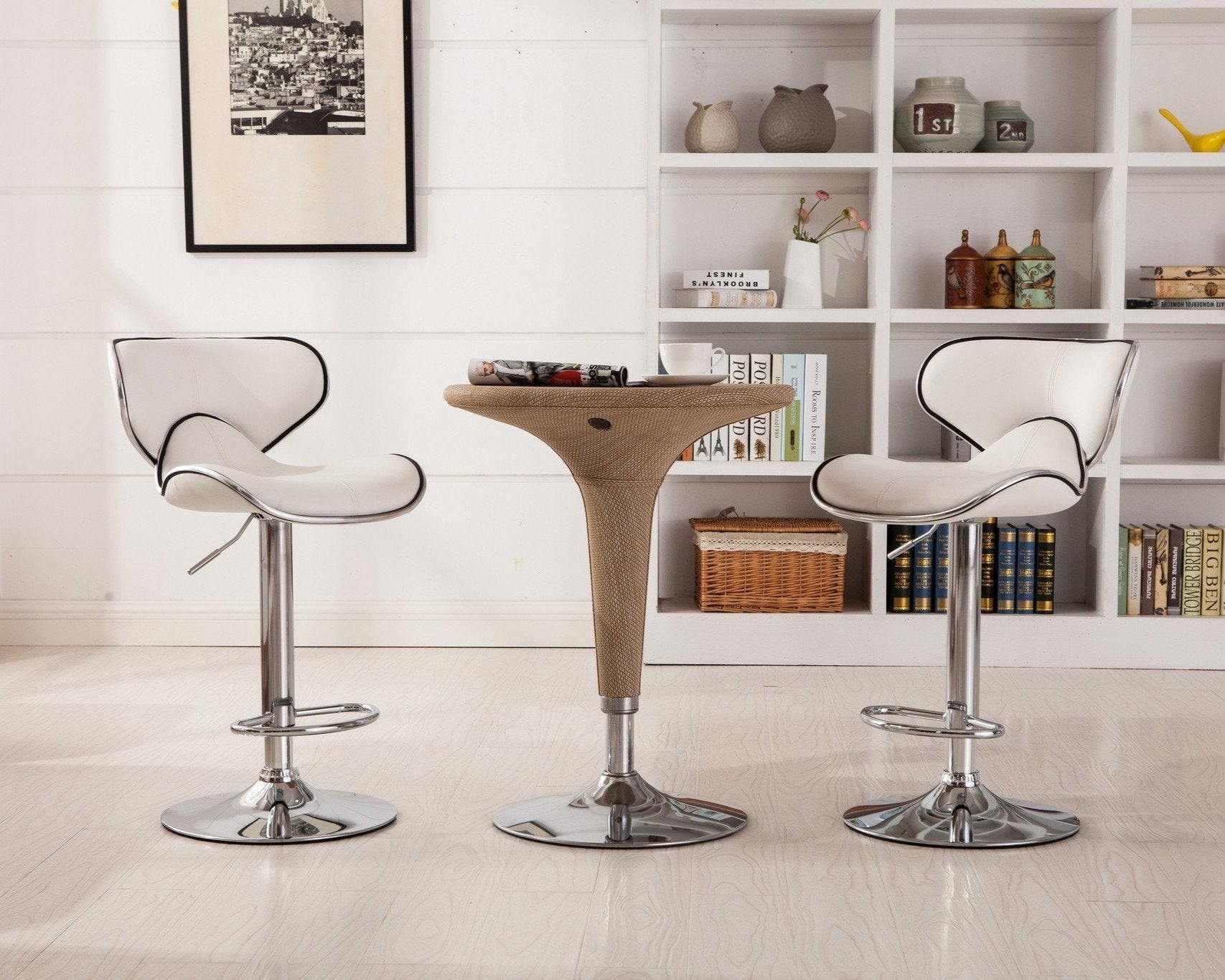 Roundhill Furniture Masaccio Faux Leather Adjustable Swivel Bar Stools - Set of 2, White - Perfect for Kitchen Islands, Home Bars & Modern Dining Areas
