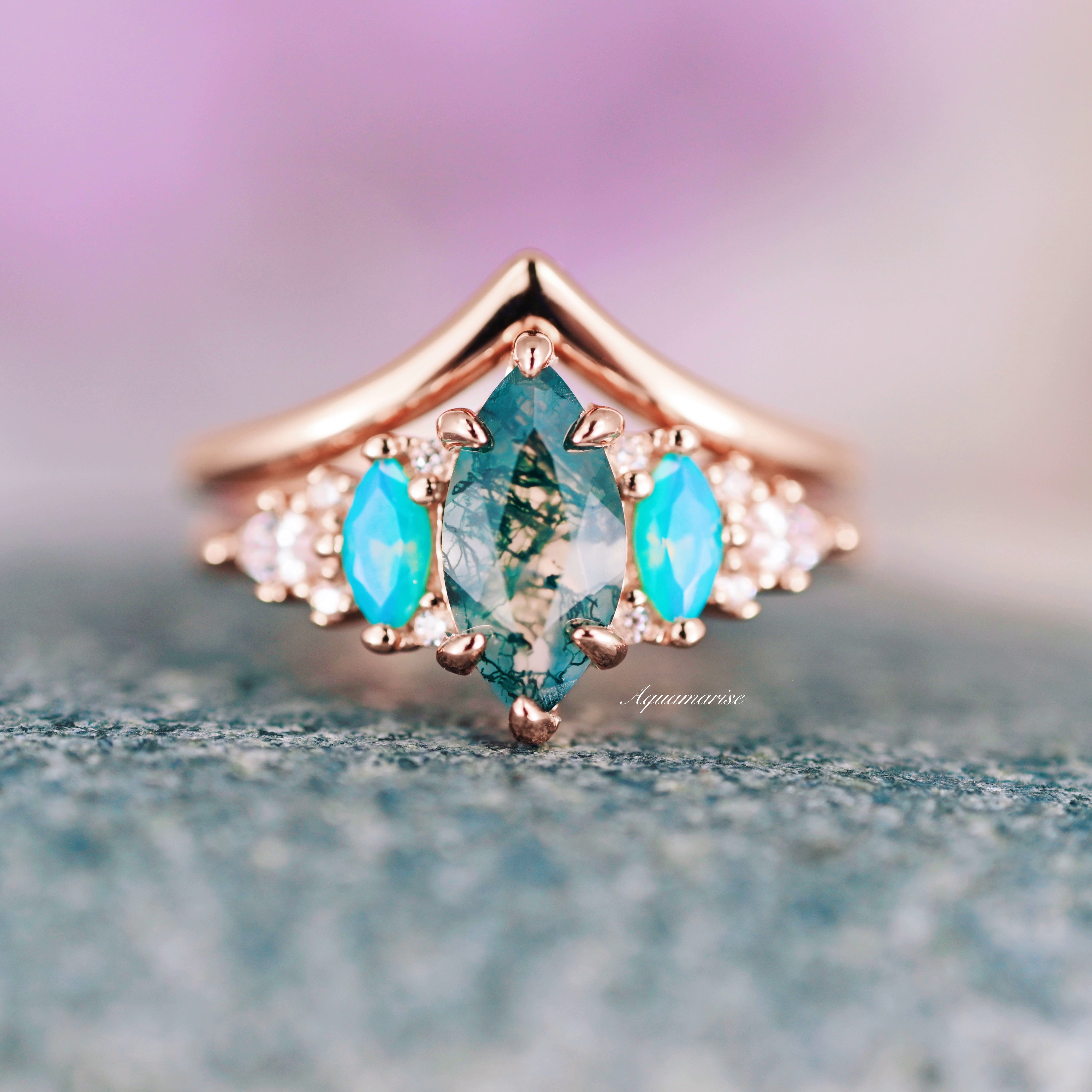 Emerie Moss Agate & Opalescent Sapphire Ring Set in 14K Rose Gold Vermeil - Elegant Stackable Rings for Women, Perfect for Weddings, Anniversaries & Everyday Wear