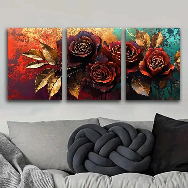 3-Piece Golden Leaf Rose Painting Metal Print - Ready to Hang Wall Art for Living Room, Bedroom & Office Decor