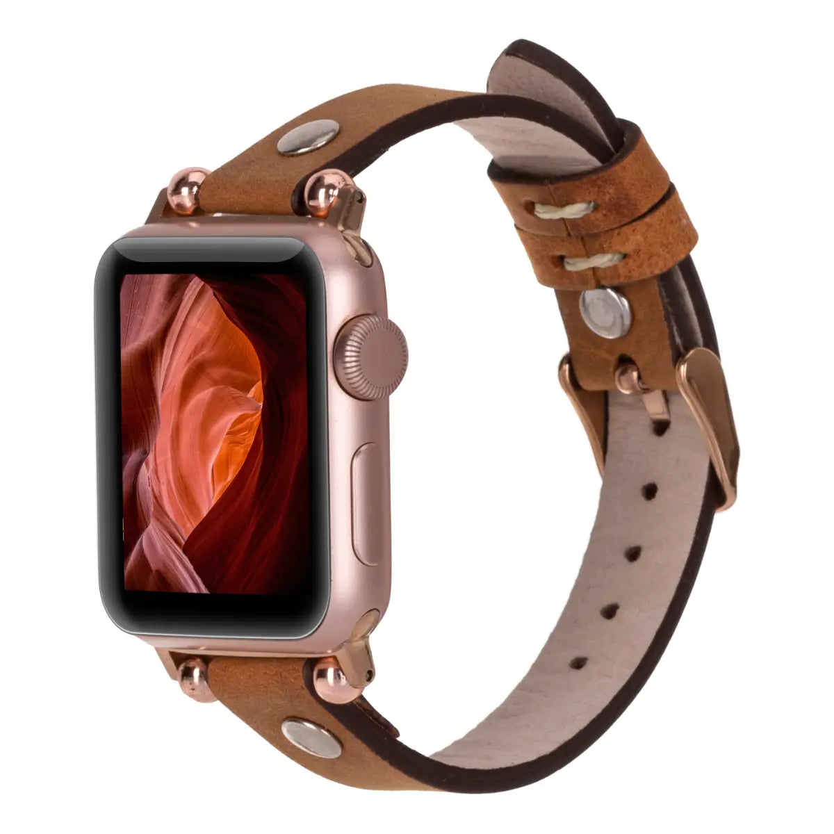 Premium Camel Leather Ultra Slim Apple Watch Band - Silver Rivet Strap for Apple Watch Series 9/8/7/6/SE - Stylish & Durable Replacement Band for Workout, Office & Everyday Wear