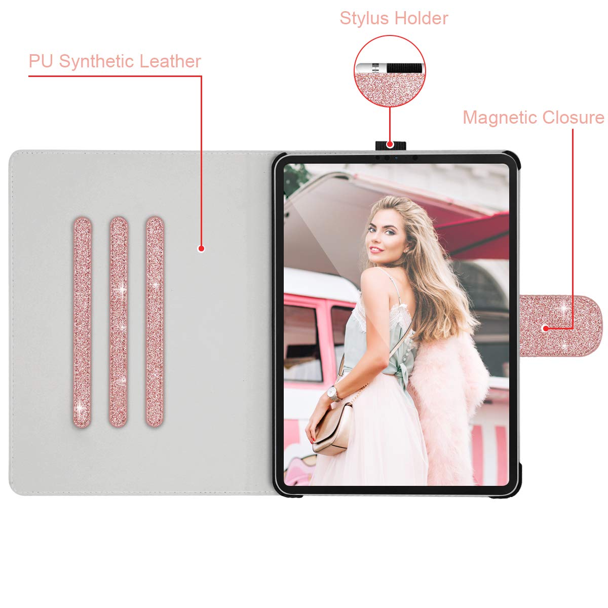 Premium Slim Glitter Sparkle PU Leather Hard PC Stand Smart Cover Case for iPad Air 11 Inch (2024) & iPad Pro 11 Inch (2022/2021/2020/2018) & iPad Air 10.9 Inch (6th/5th/4th Gen) - Rose Gold | Protective Stylish Cover for Work, School & Travel