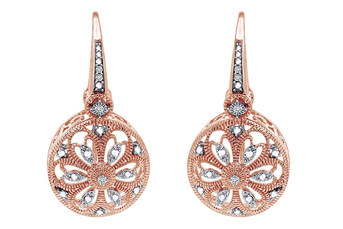 14K Gold Over Sterling Silver Diamond Accent Round Filigree Drop Earrings for Women - I-J Color, I2-I3 Clarity, 0.04 Cttw - Elegant Valentine's Day Gift for Her, Perfect for Weddings, Parties & Special Occasions