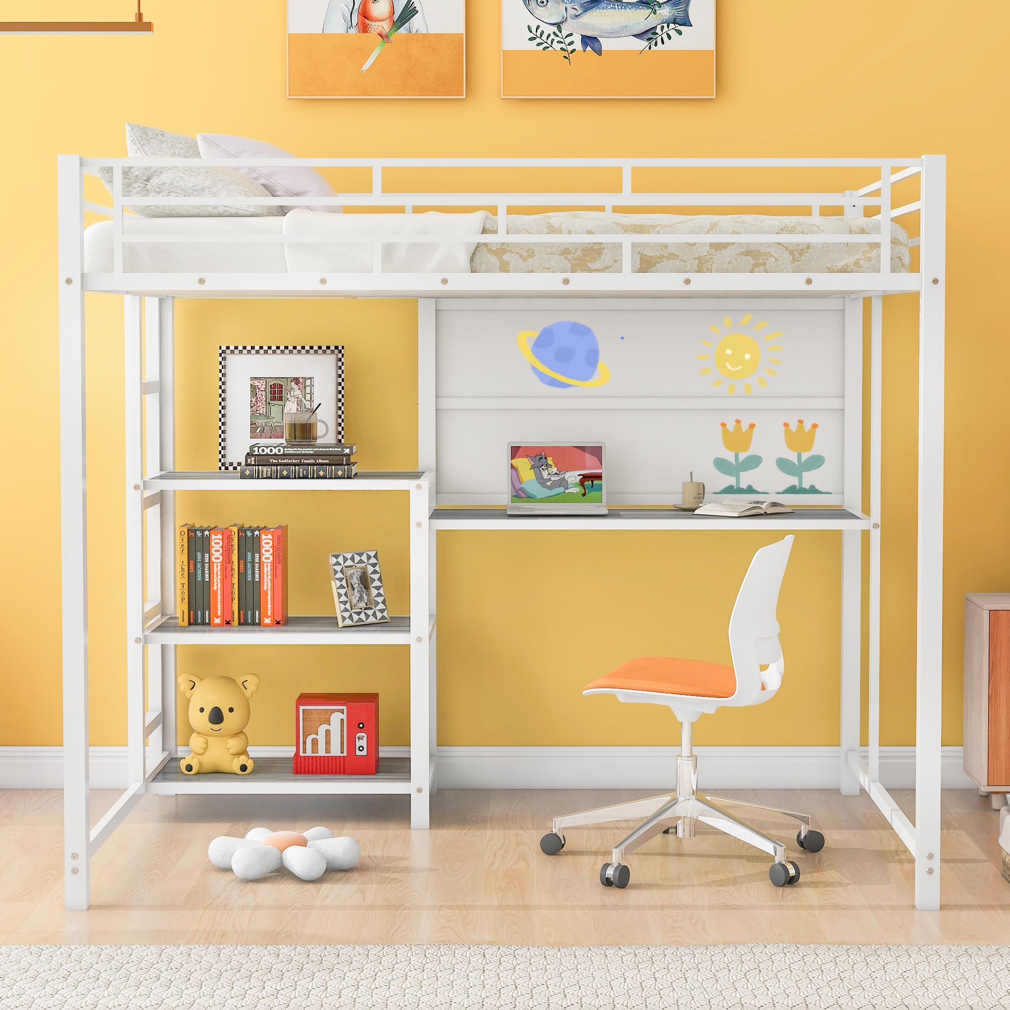 Full Size Loft Bed with Study Desk & Storage - Sturdy Metal Frame, Built-in Whiteboard & Ladder - Space-Saving Solution for Small Rooms, Dorms & Apartments (White)