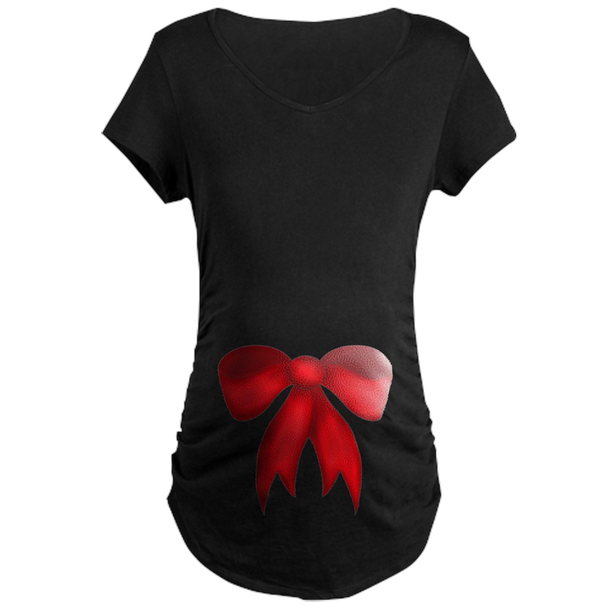 Large Red Christmas Bow Maternity T-Shirt for Women - Ruched Side Dark Tee for Pregnancy Comfort | Perfect for Holiday Photos & Maternity Announcements
