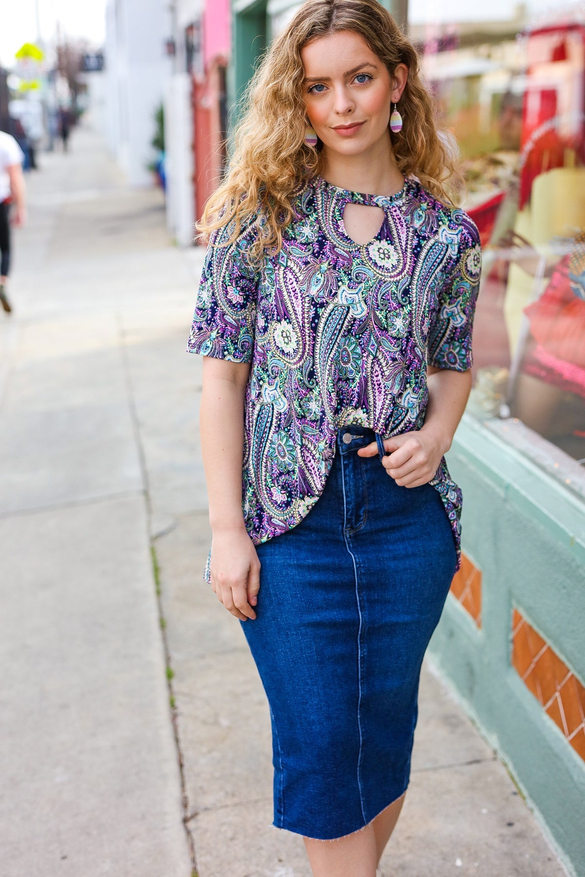 Hayzel Navy Floral Paisley Keyhole Tunic Top for Women - Elegant Boho Blouse for Casual Wear, Date Night & Office Outfits