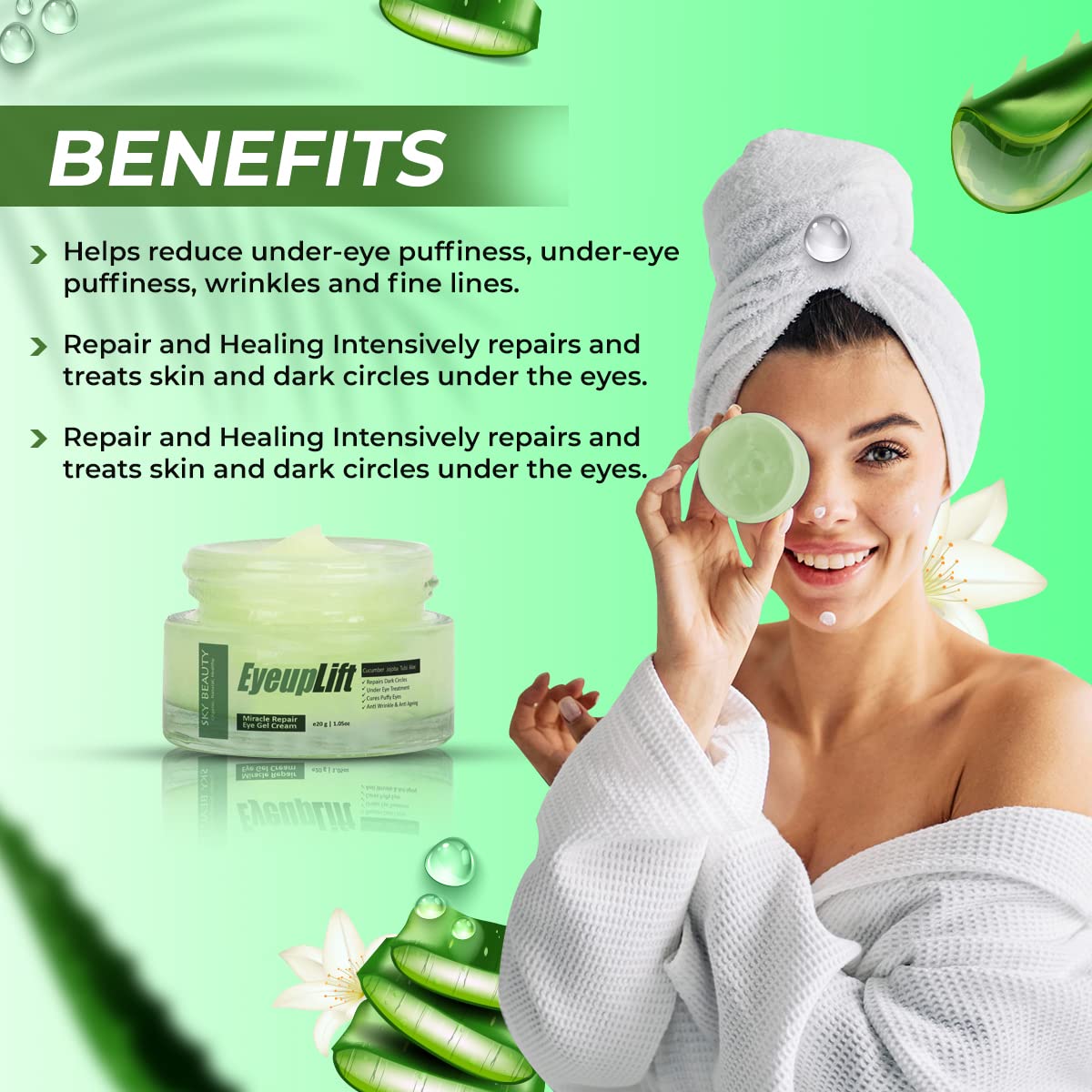 SKY BEAUTY ORGANIC Eye UpLift Hydrating Natural Under Eye Cream Gel - Dark Circles, Puffy Eyes & Wrinkle Treatment for Women & Men, 20g | Day & Night Use for Brighter, Youthful Eyes