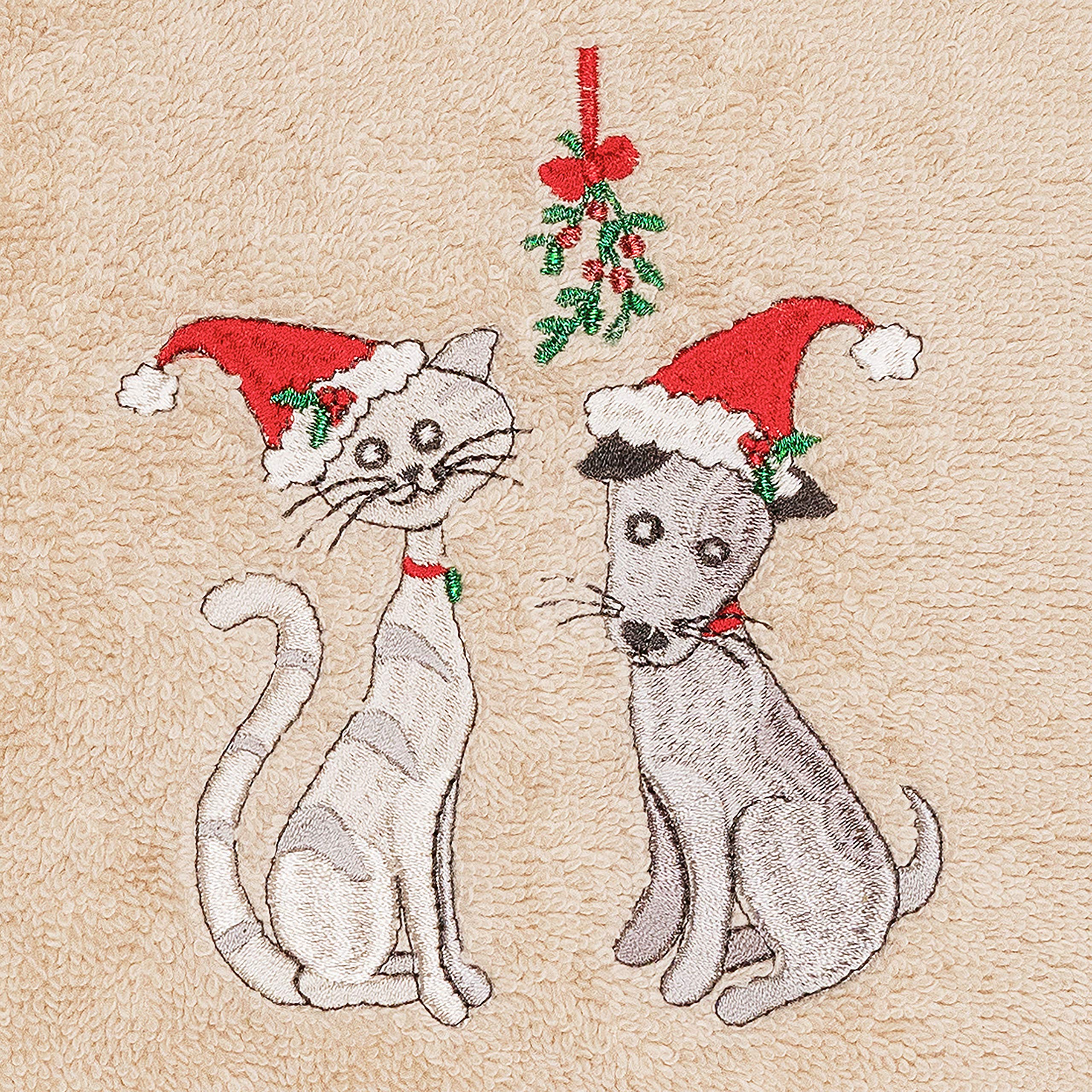 Premium 100% Cotton Hand Towels Set of 2 - Soft Turkish Terry Embroidered with Christmas Pets Design - Beige Bathroom Towels for Holiday Decor & Guest Bath Essentials