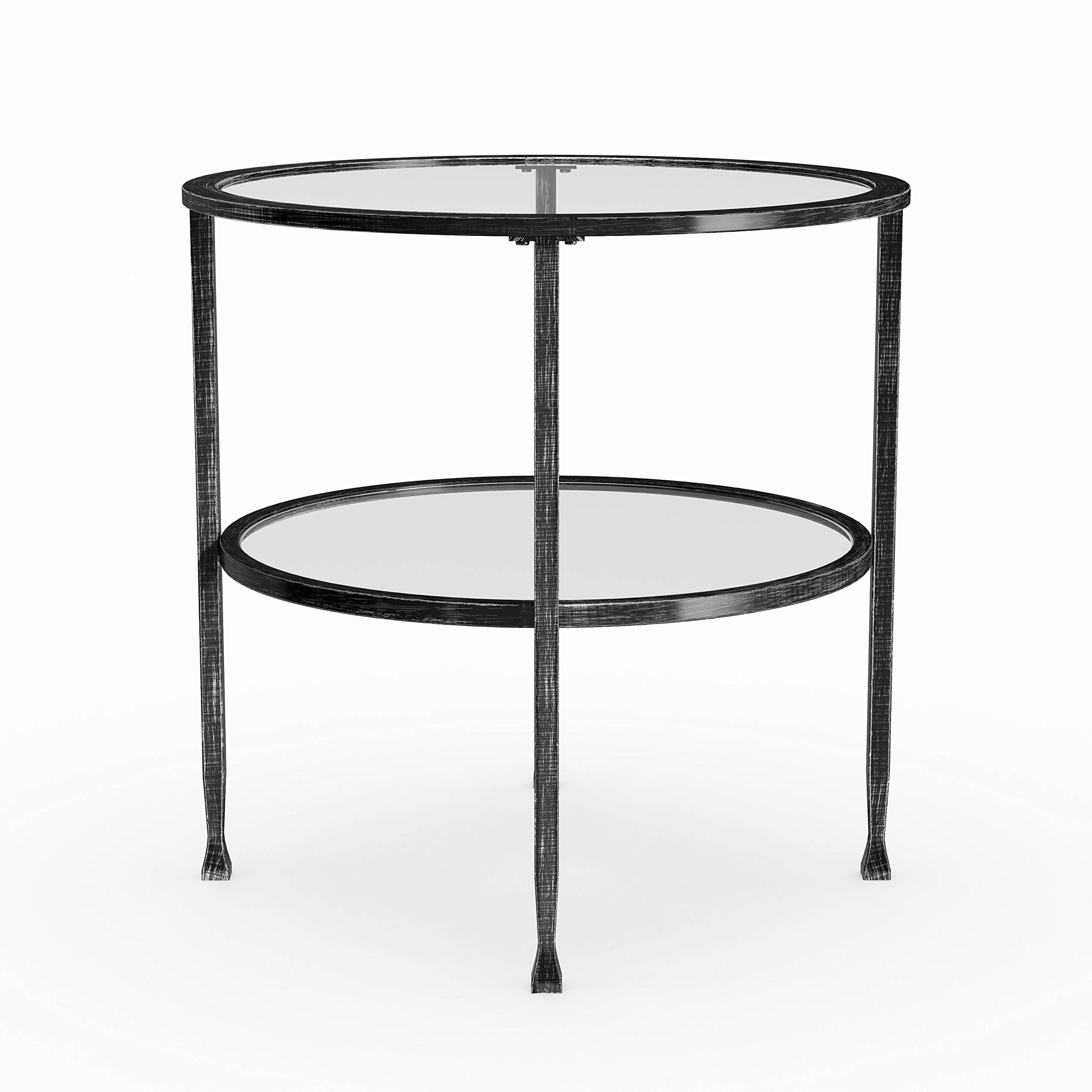 Modern Round End Table with Black Metal Frame & Glass Top - Silver Distressed Finish, Includes Storage Shelf | Perfect for Living Room, Bedroom & Office Decor