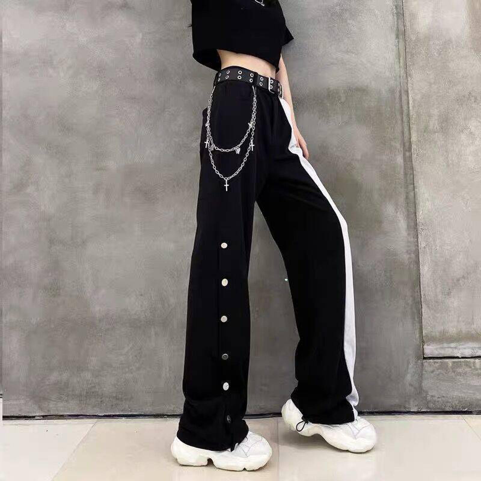 Gothic Pants for Women - High Waisted Straight Leg Trousers in Black & White | Harajuku Style Wide Leg Pants for Casual Wear, Street Fashion & Alternative Outfits
