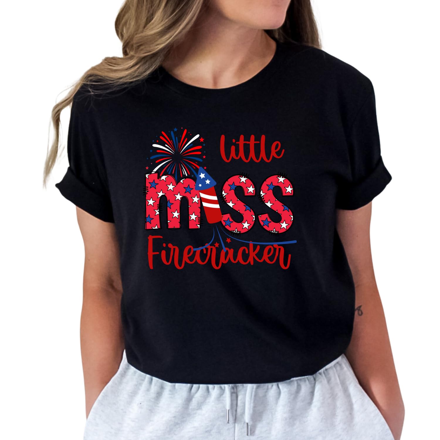 Little Miss Firecracker T-Shirt | 4th of July Patriotic Shirt for Women | American Flag Independence Day Top | Freedom Firework Graphic Tee | Family Matching Outfits for BBQ & Festivals (Medium, True Royal Blue)
