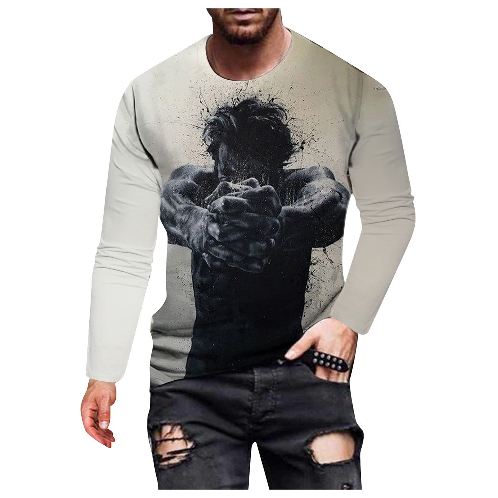 BEUU Men's Long Sleeve T-Shirt - Fall Abstract Art Portrait Print Crewneck Tee for Streetwear, Workout & Athletics | Casual Wear, Gym, Outdoor Activities