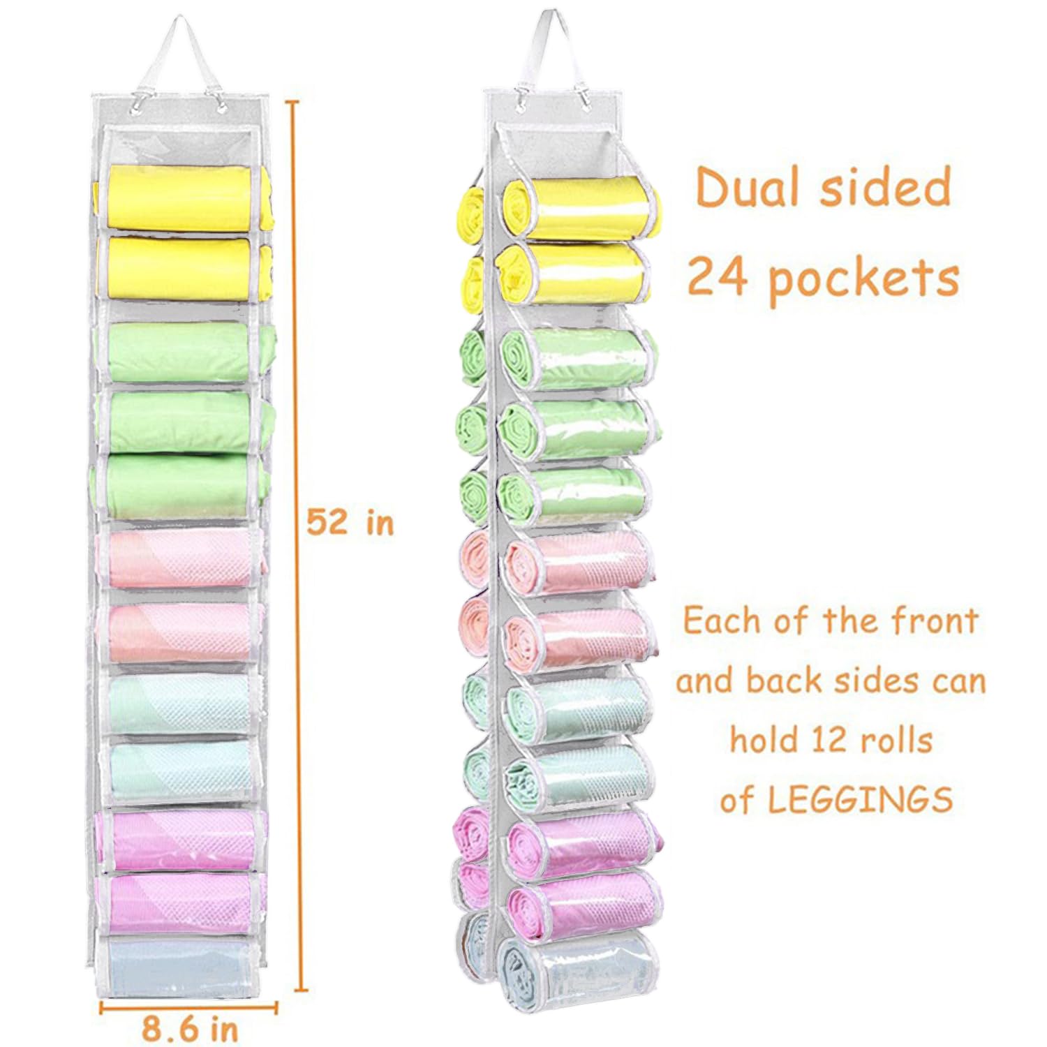Foldable Legging Storage Bag Hanger - Holds 24 Pairs of Leggings, Shirts & Jeans - Portable Closet Organizer with Roll Holder - Space Saving Clothes Storage for Travel & Home Organization (White)