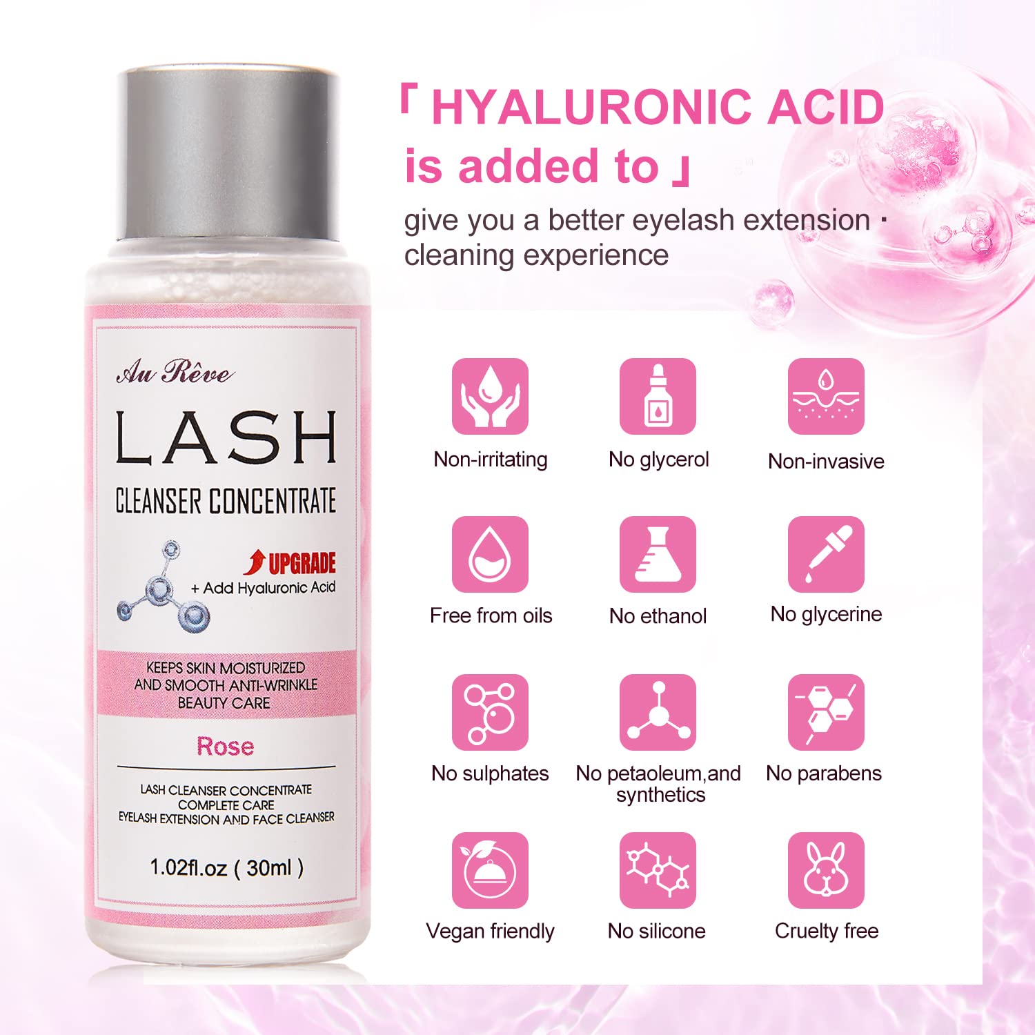 30ml Lash Shampoo Concentrate with Hyaluronic Acid - Makes 180ml Eyelash Cleanser | Salon-Grade Formula | Rose Scented | Perfect for Eyelash Extensions & Daily Lash Care